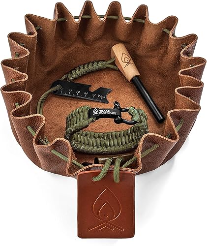 Texas Bushcraft Kit de supervivencia para arrancador de fuego, acero de fuego ferro, herramienta de golpeador Bolsa de yesca de cuero de vaca