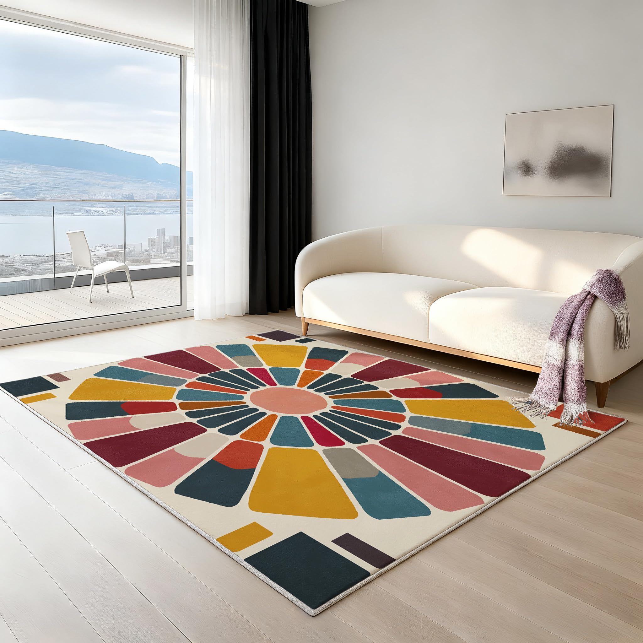 80 x 150 cm antyczny wielokolorowy dywan do salonu - wygodny i łatwy w utrzymaniu, geometryczne słońce kolorowe klocki dywan, miękka tekstura mikrofibry, dywan do salonu jadalnia sypialnia kuchnia