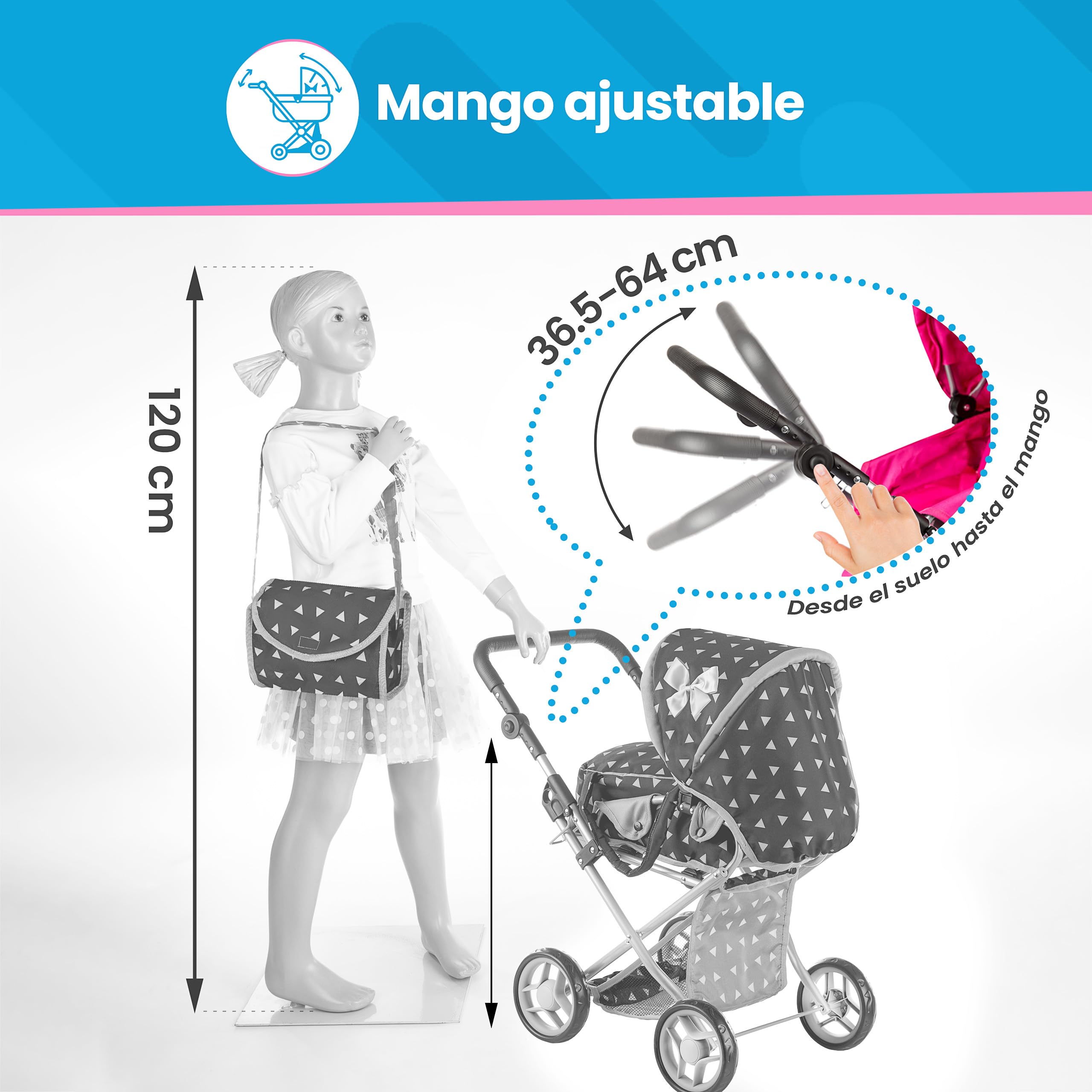 Kinderplay Carrito Bebe Juguetes, Cochecito para Muñecas - Cochecito de Muñecas, Gondola, Permite Ajustar El Mango En Un Rango de 36.5 cm a 64 cm, KP0200R