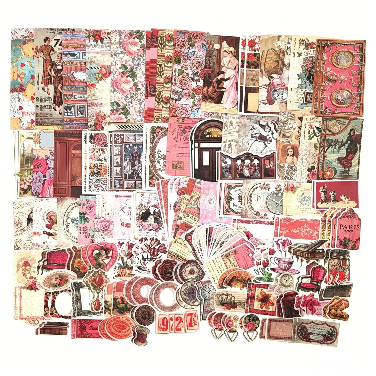Zestaw 200 szt. artykułów do scrapbookingu, estetyczna naklejka do scrapbookingu, papierowy, zestaw do dzienników typu Bullet Junk, Planer, Cottagecore, prezenty dekoracyjne (różowa kolekcja retro)