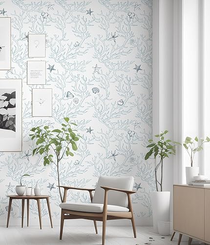 Miniatura 4 de Akywall Papel tapiz blanco y azul de 393.7 pulgadas, textura azul claro, conchas de estrella de mar de coral, océano, autoadhesivo, rollo de vinilo