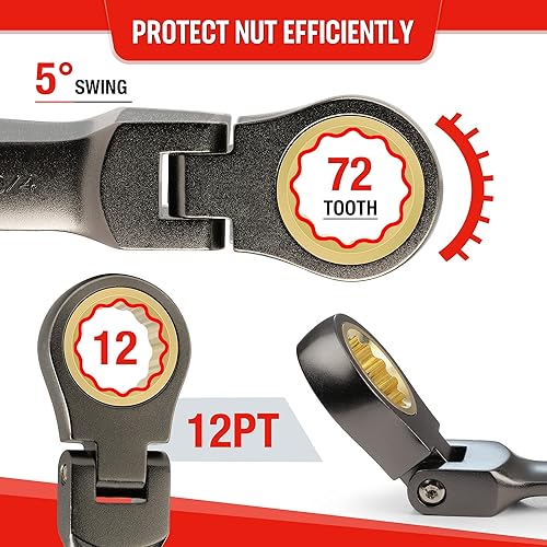 Miniatura 4 de WORKPRO Juego de llaves combinadas de trinquete de cabeza flexible de 16 piezas, SAE 5/16-3/4 pulgadas y métricas 0.354-0.669 in, 72 dientes, CRV,