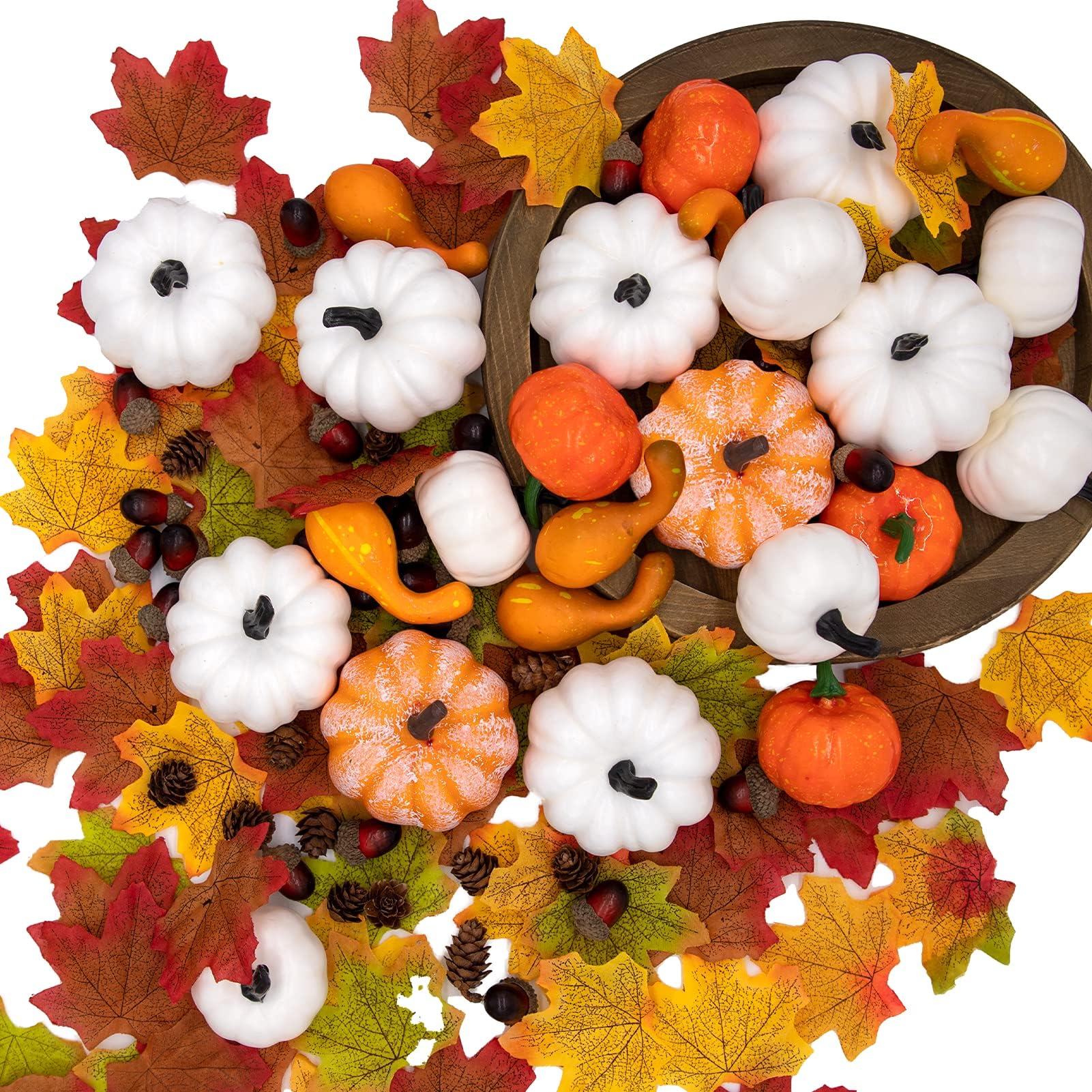 260PCS Fall Decorations for Home | Assorted Harvest Artificial Pumpkins Gourds Maple Leaves Acorns Pine Cones Bulk | Farmhouse Fall Halloween Thanksgiving Table Decorations, Home Kitchen Decor