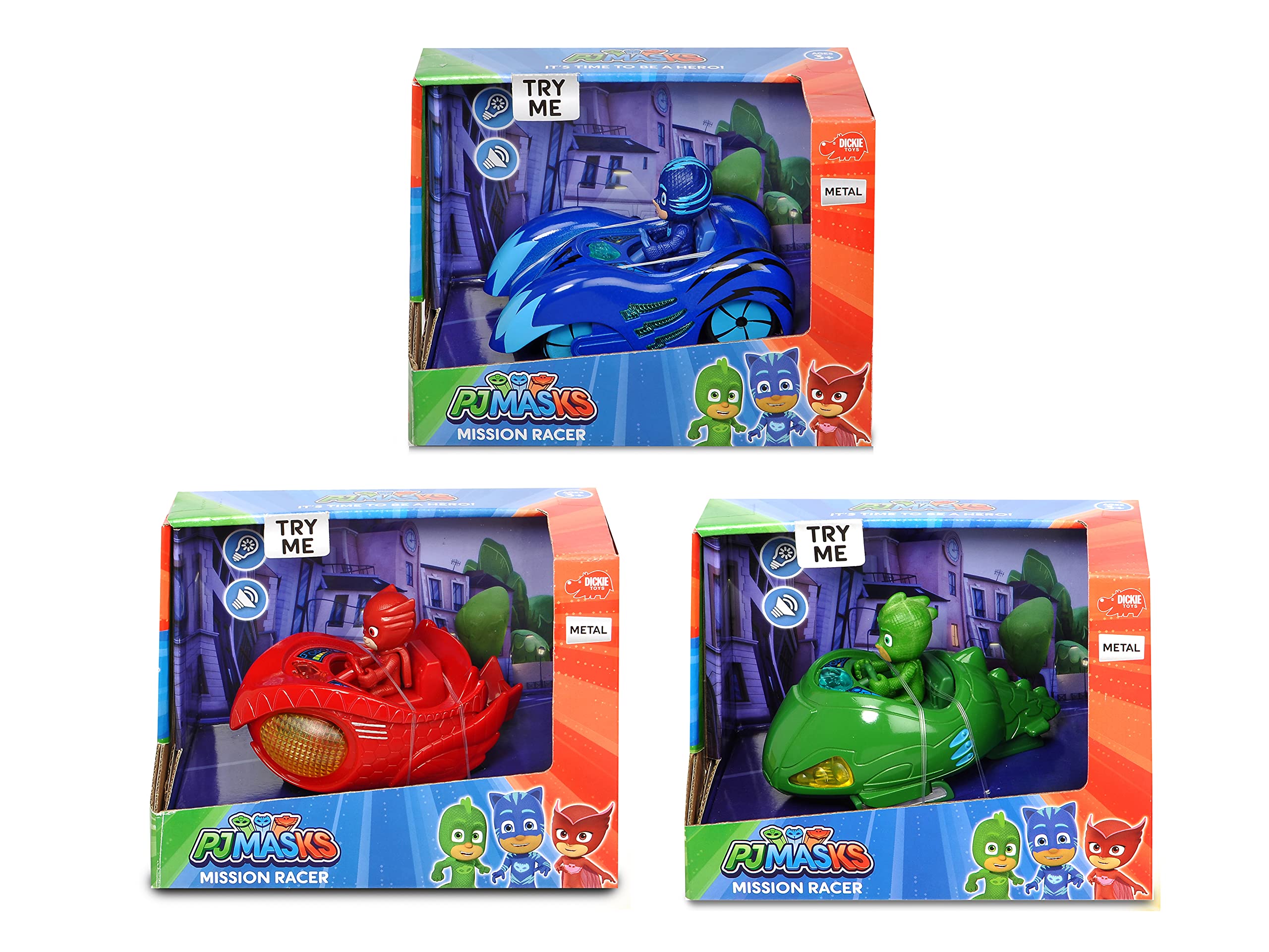 Dickie - PJ Masks - Mission Racer cm 12 in Scala 1:43 Luci & Suoni, Die Cast, Incluso Un Personaggio a Sorpresa, + 3 Anni, 203142003
