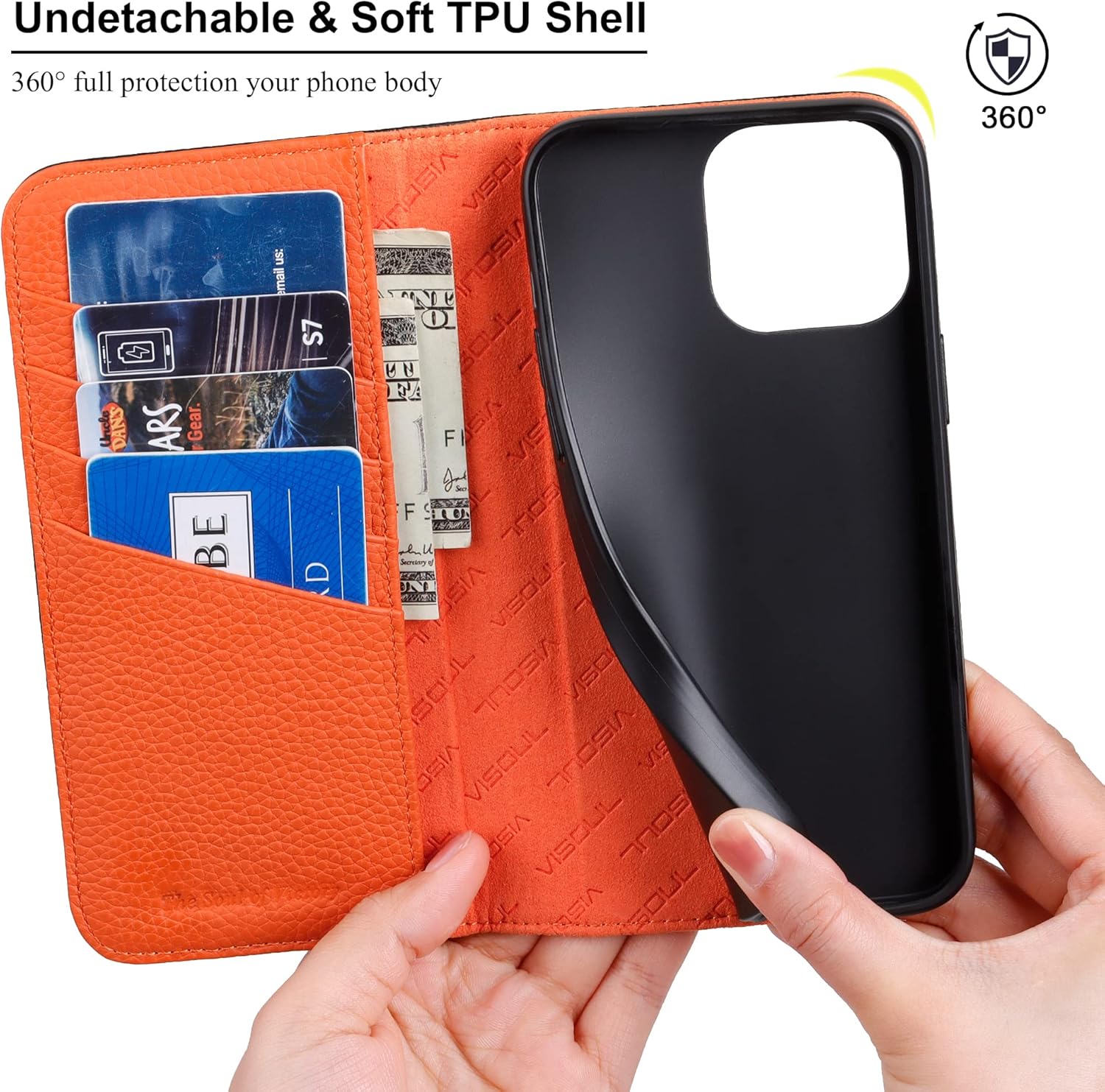VISOUL Genuine Leather Wallet Case for iPhone 14 Pro Max (6.7") with Card Holder, Magnetic Flip Cover & Kickstand - Black+Orange - Image 2