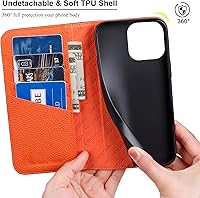 Vista 2 de VISOUL Pebbled - Funda de piel auténtica para iPhone 15 Pro Max con soporte para tarjetas, funda magnética con función atril para iPhone 15 Pro Max