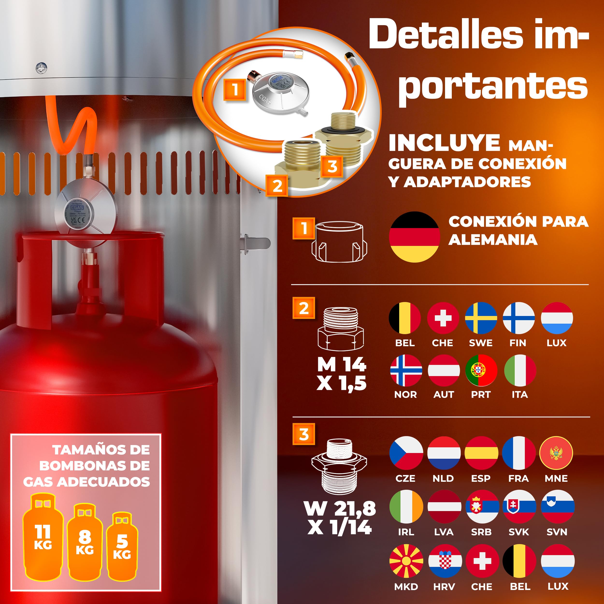 TRESKO Calefacción de terraza de gas 11 kW + ruedas, para botellas de 5 y 11 kg | Potente calefacción exterior para terraza, balcón, jardín, camping | Sombrilla calefactora con manguera y regulador