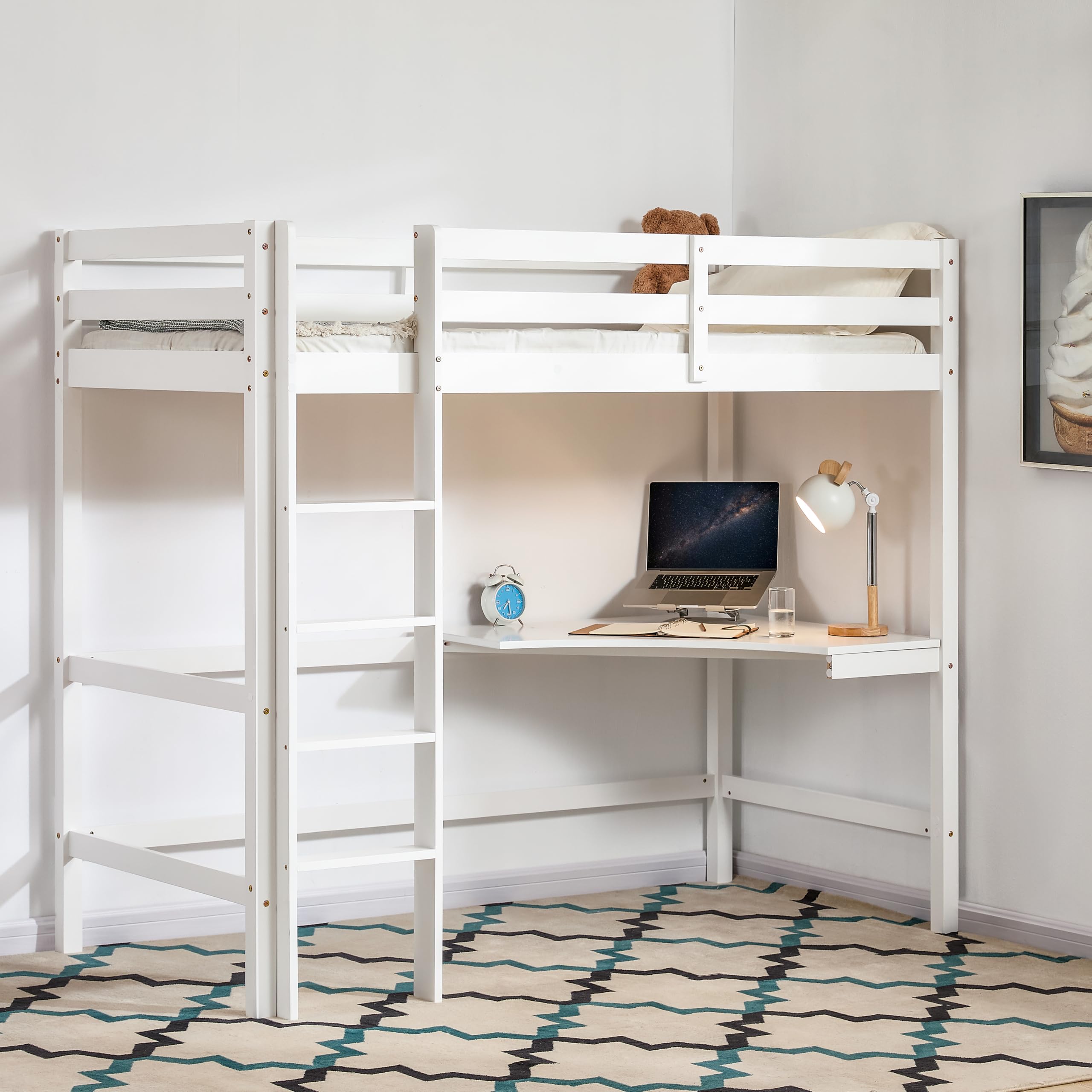 Vida Designs Sydney High Sleeper Bunk Bed, Solid Pine Wood Kids Loft Bed Frame With Desk, Perfect For Children, Single 3 Foot, White