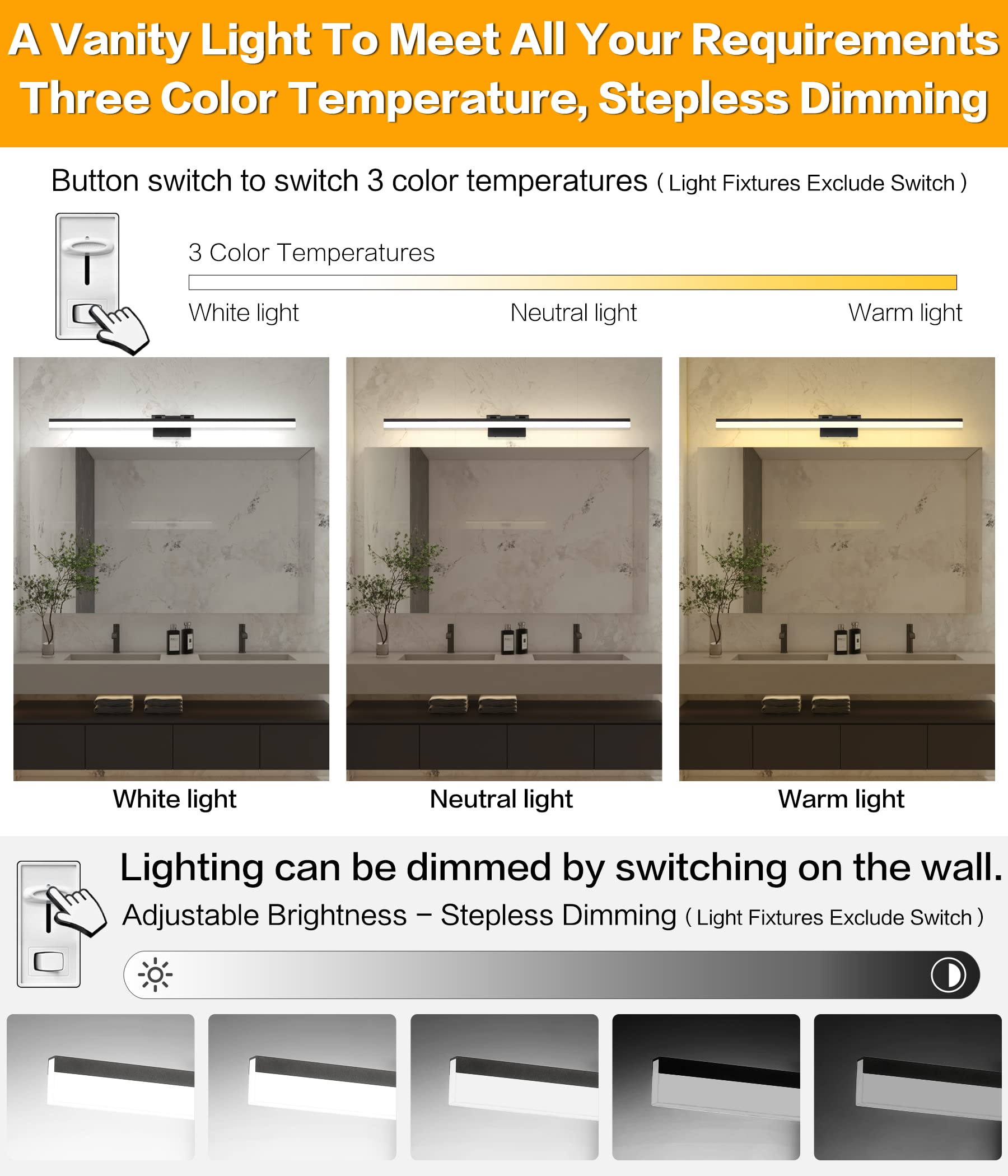SOLFART 47in Modern 3 Color Temperature Dimmable LED Vanity Light for ...
