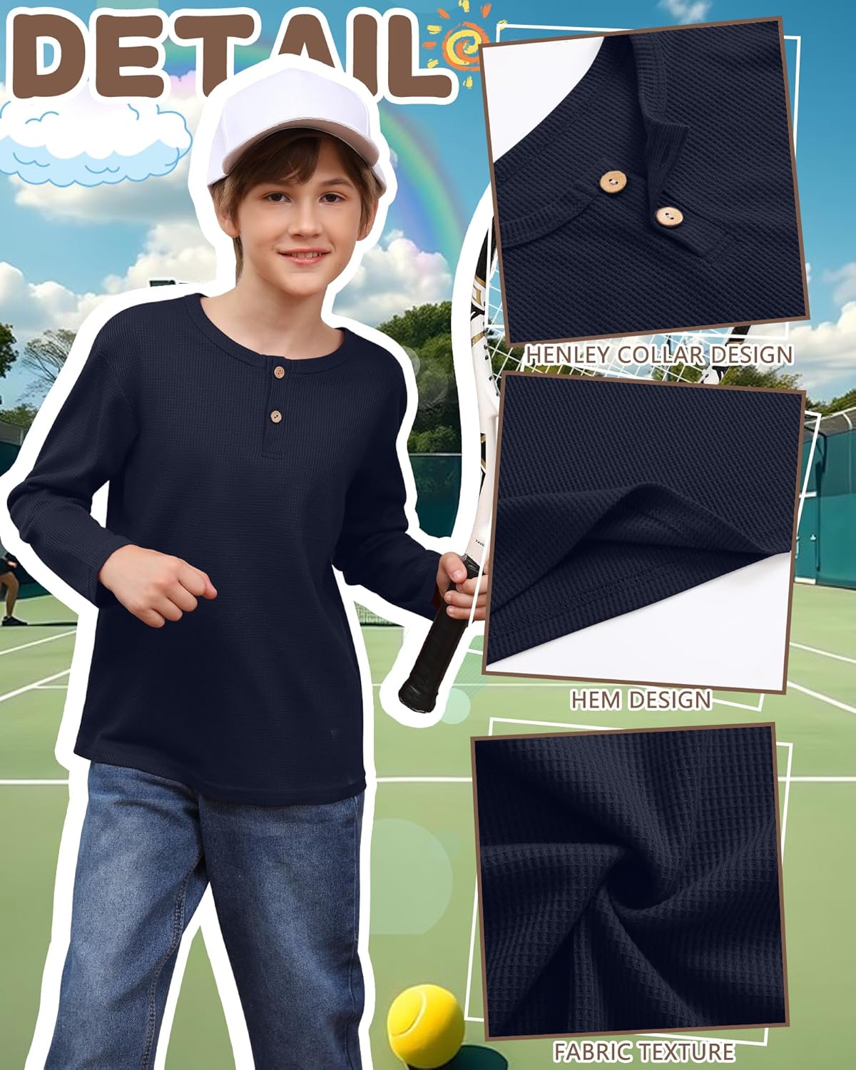 4 Pack Boy's Long Sleeve Henley Shirts, Waffle Thermal Cotton Blend Tops Fall Winter Breathable Tees 5-14 Years - Image 5