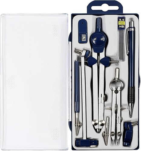 UNJOO Juego de 9 piezas de geometría, brújula de metal, herramienta de precisión geométrica para estudiantes, herramienta de dibujo circular y