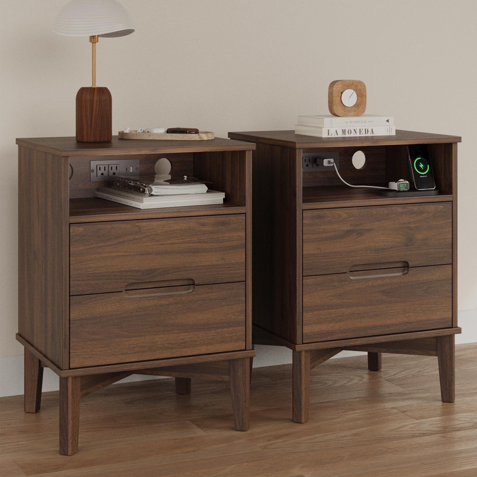 Wood Nightstand Set of 2 with Charging Station & USB-C, 26" Tall Mid Century Modern Bedside Table with Solid Wood Legs, Dark Walnut Finish with 2