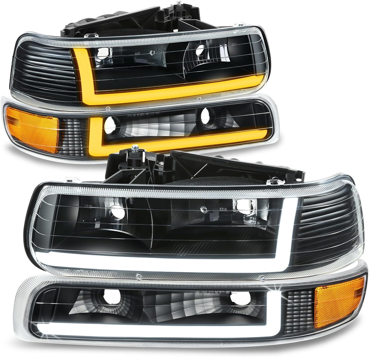Auto Dynasty 4Pcs Switchback Sequential Startup L-LED DRL Headlights Assembly & Bumper Lamps Compatible w/Chevy Silverado Suburban Tahoe 1999-2006, Driver & Passenger Side, Black Housing Amber Corner