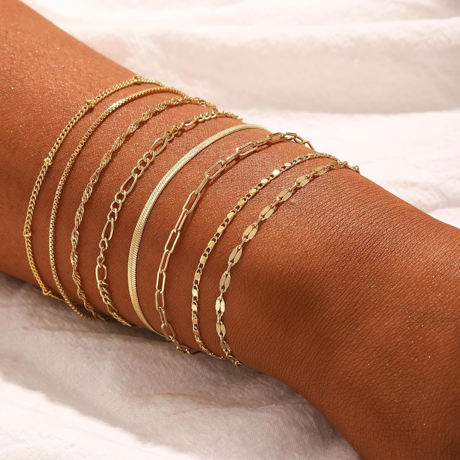 Bracelets for Women, Waterproof 14K Gold/Silver Plated Stackable Bracelets for Women Non Tarnish Trendy Dainty Paperclip Figaro Box Herringbone Hand Chain Bracelet Pack Stack Adjustable Jewelry for Women - Image 3