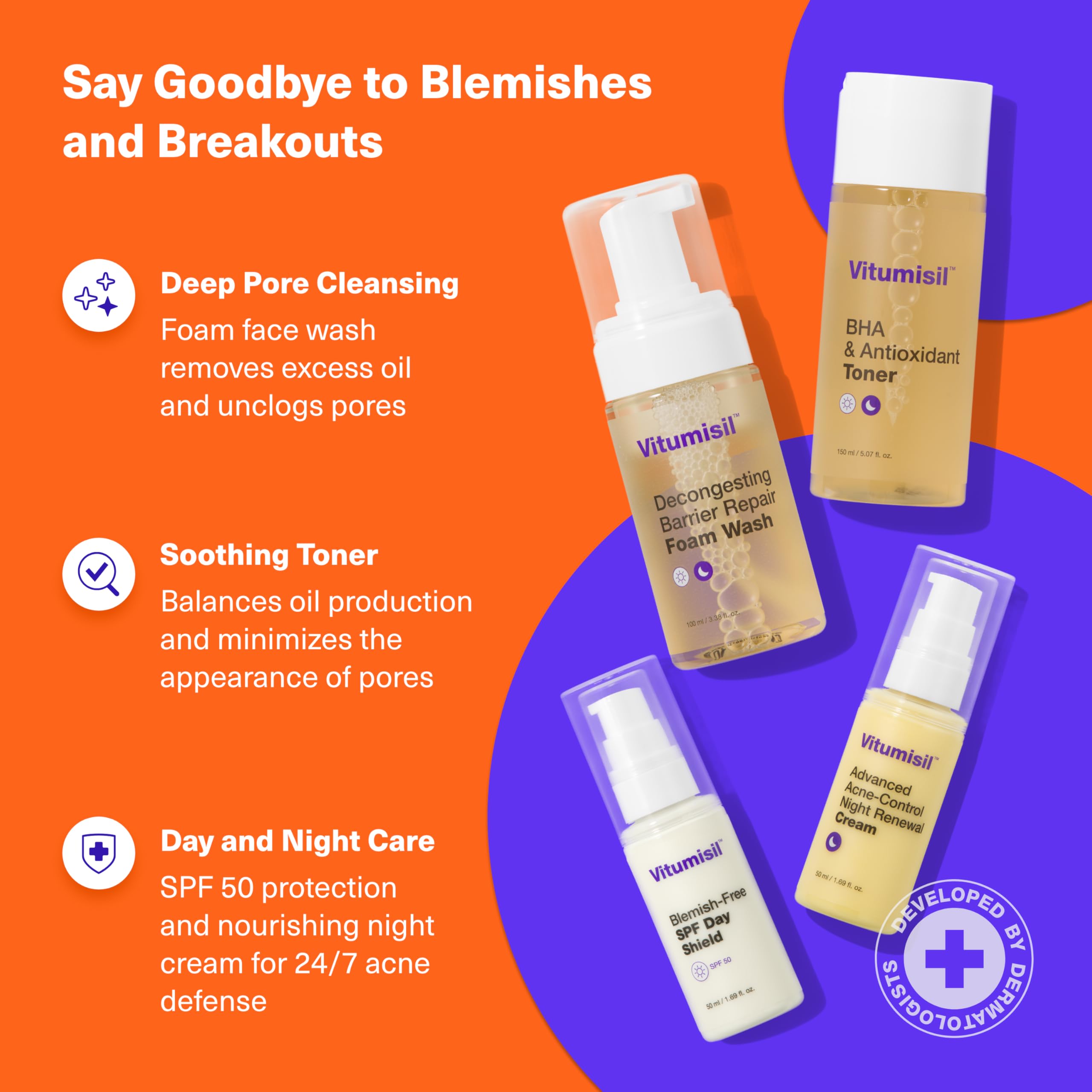Vitumisil 4-Schritte-Set für unreine Haut – Reinigung, Toner, SPF, Creme | Für empfindliche, zu Unreinheiten neigende Haut · Waschschaum, BHA-Toner, SPF-Tagespflege & Nachtcreme · 4-Schritte-Routine