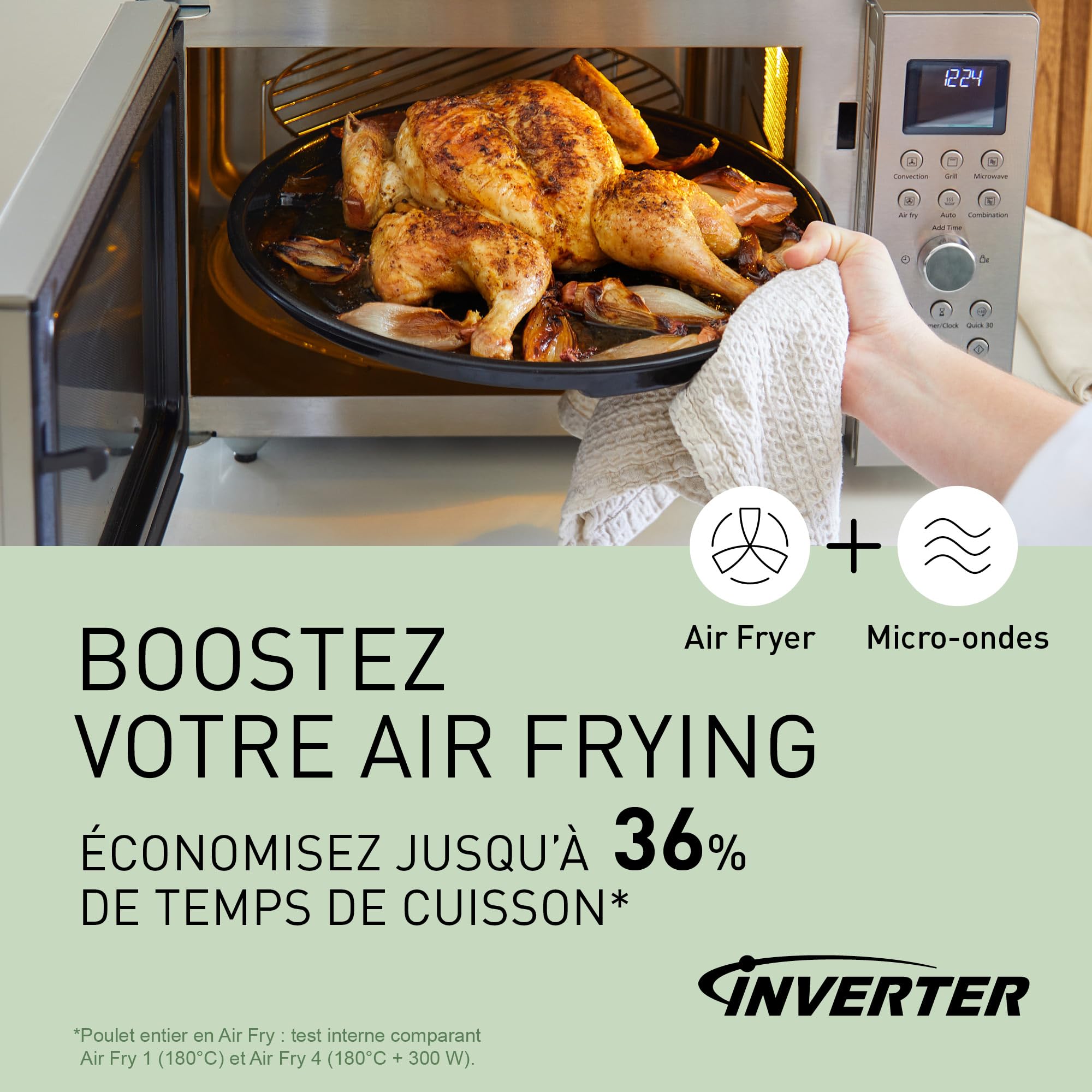 Panasonic NN-CD58RSEPG Four à Micro-Ondes combiné 4-en-1, 27 L avec mode Airfryer, Inverter 1000 W, Gril 1300 W, Chaleur Tournante, 19 Programmes Automatiques, Bouton rotatif, Acier Inoxydable