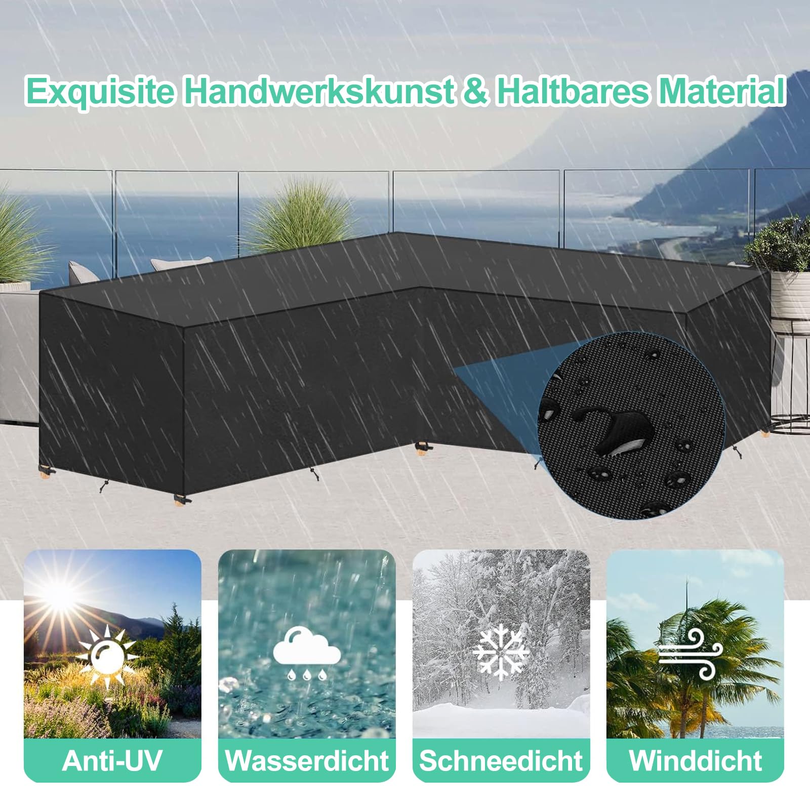 Abdeckung für Gartenmöbel V-Form, Sofa Abdeckung Schutzhülle Gartenmöbel Wasserdicht, Winddicht UV-Beständiges, 210D Oxford Gewebe Schutzhülle für V Form Lounge Sofa, Ecksofa -215 x 215 x 87cm