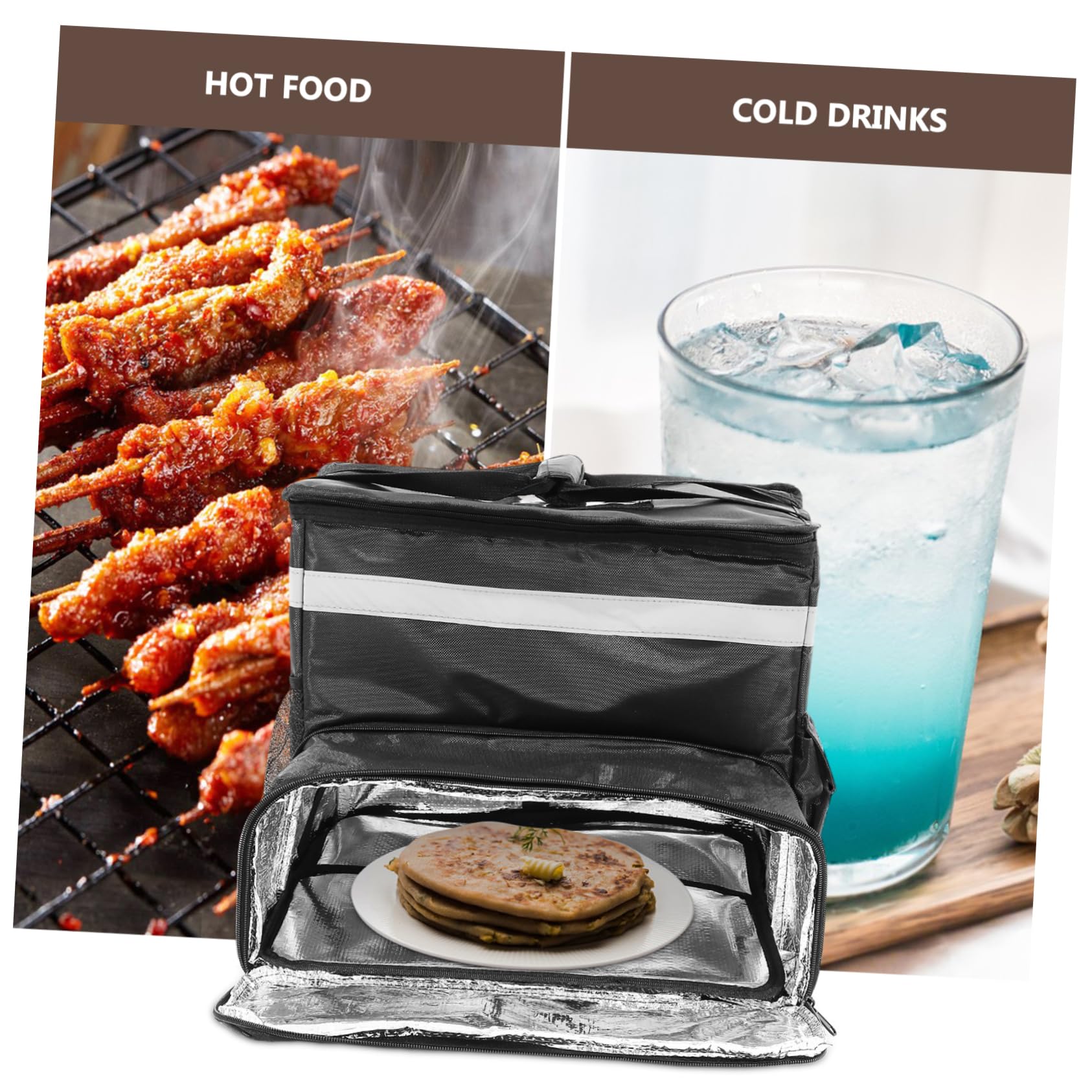 Bolsa Térmica para Comida de Gran Capacidad en Oxford Negra | Compartimento Frontal Ampliable, Tiras Reflectantes, Interior Espacioso para Transporte de Pizza