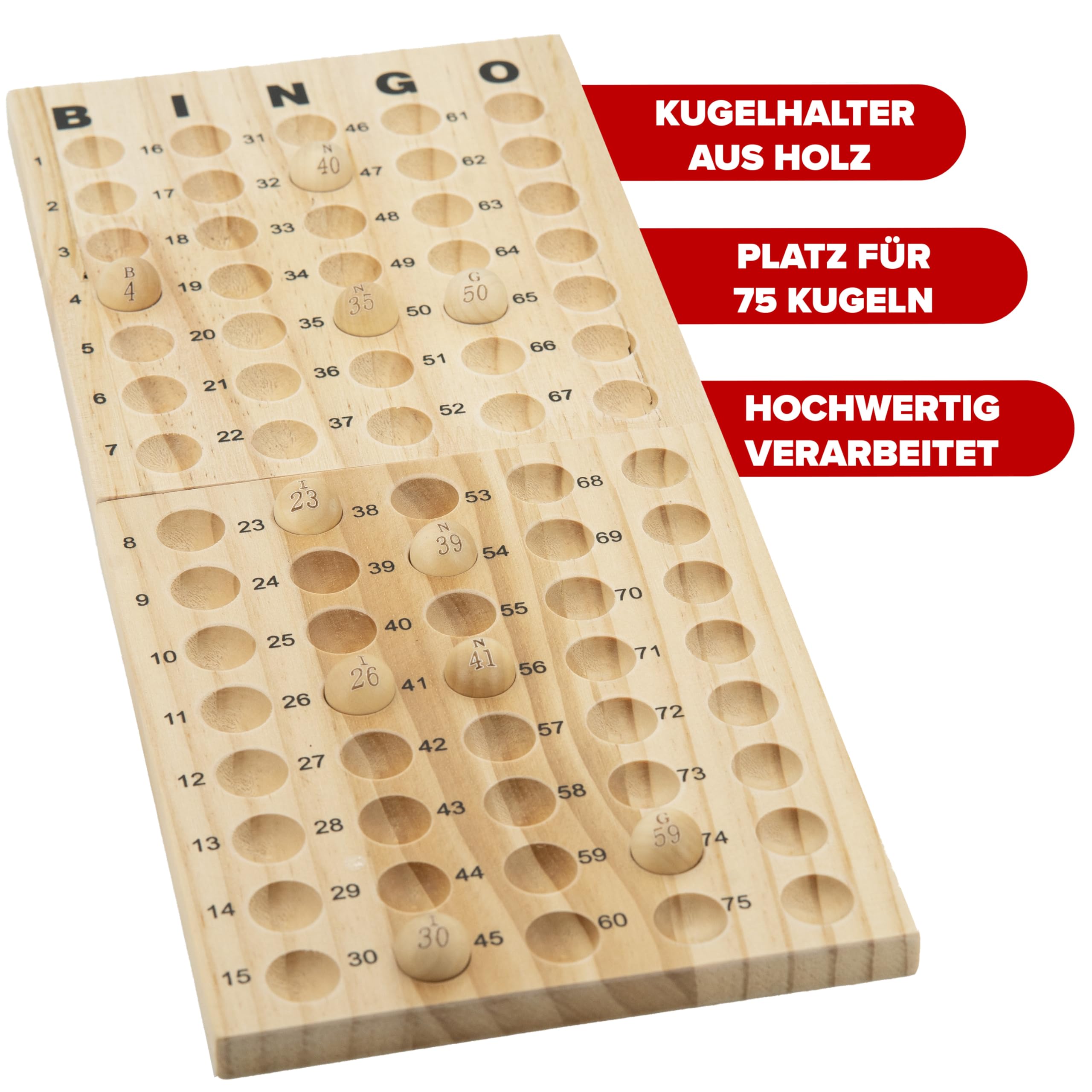 Kyto Bingo Spiel Trommel XXL Gold - 75 Kugeln, 18 Wiederverwendbare Bingokarten + 500 Stift-Karten, Holzspielset für Erwachsene, Kinder und Senioren