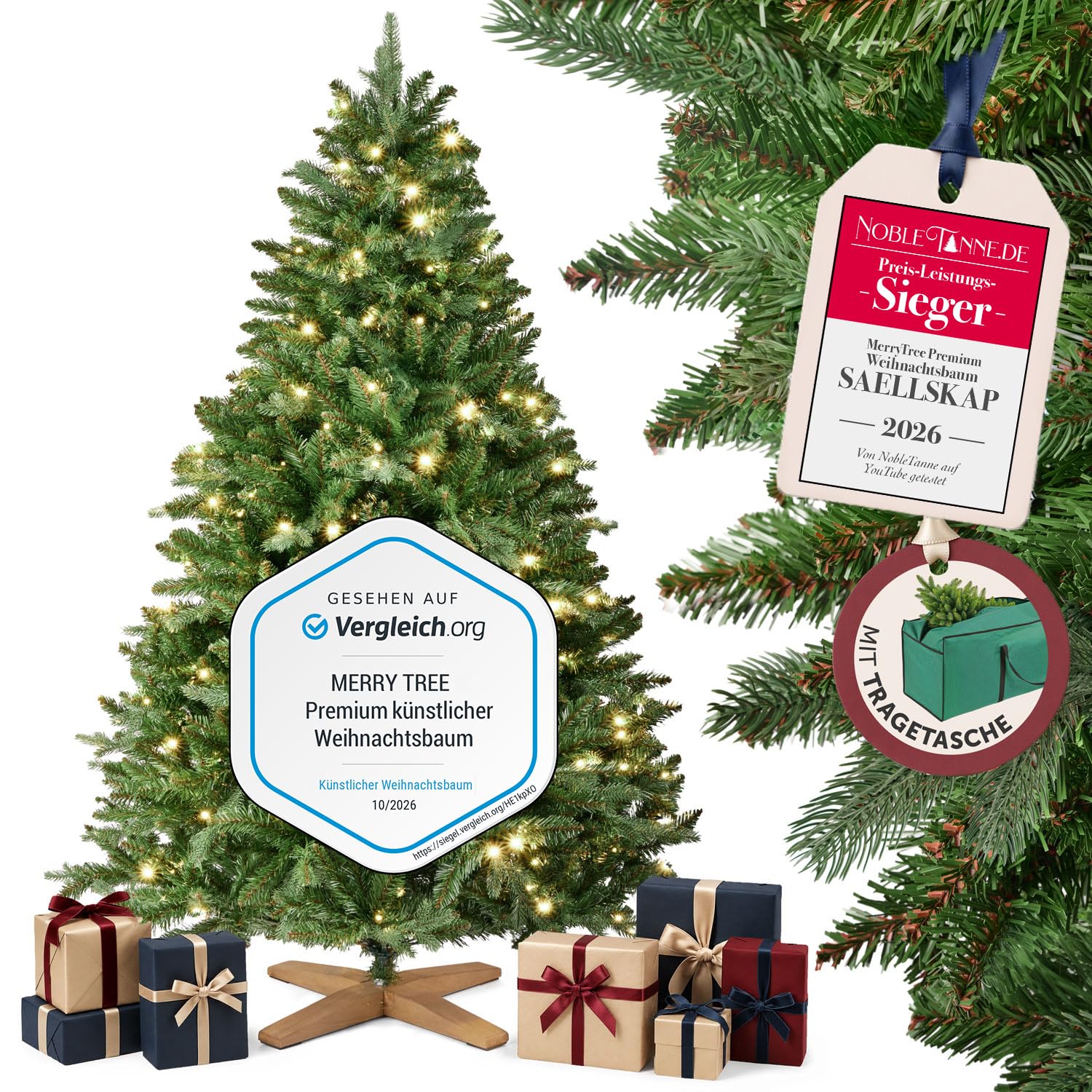MerryTree Premium künstlicher Weihnachtsbaum 180 cm - Weihnachtsbaum künstlich aus naturgetreuem PVC + PE - Spritzguss Mix - Mit Beleuchtung