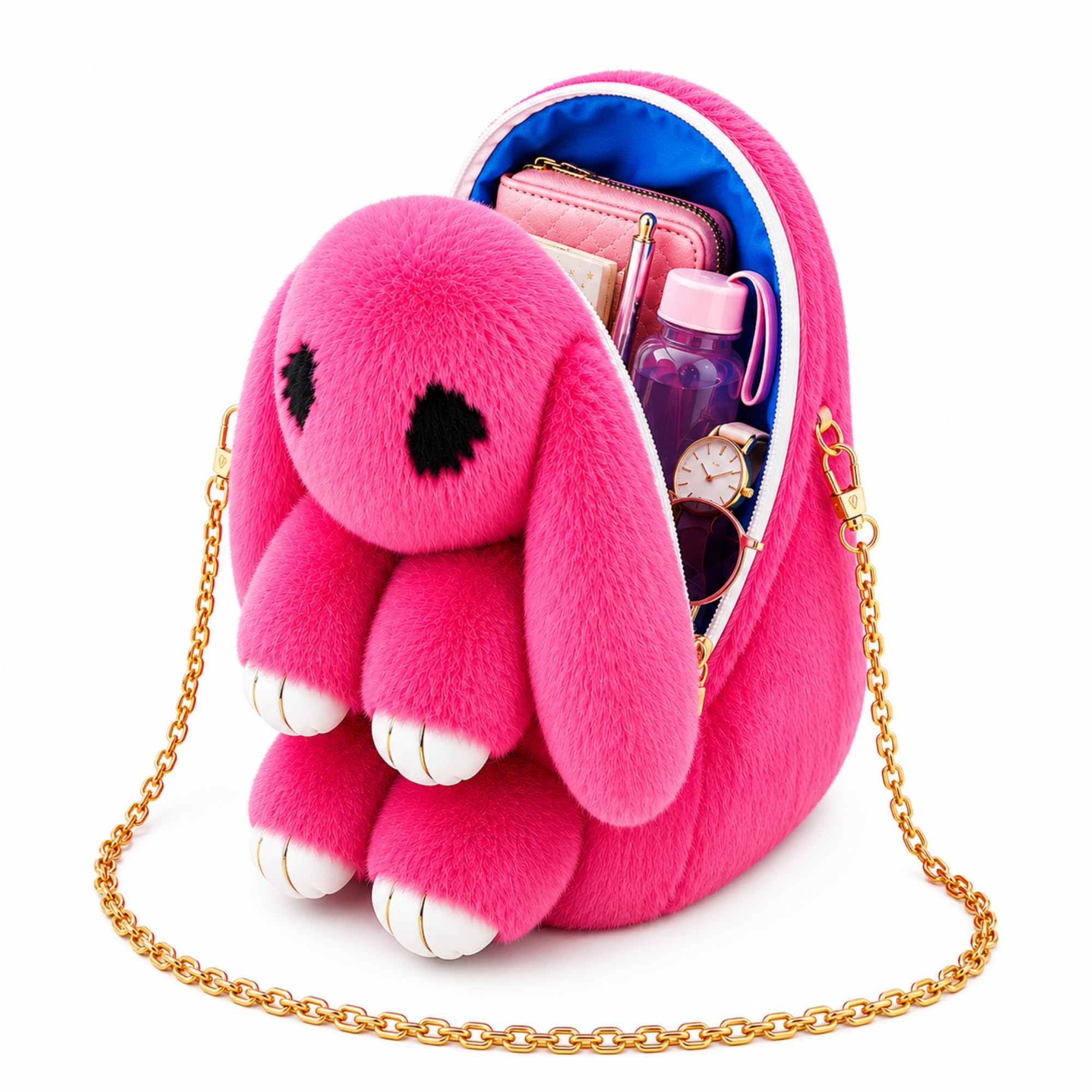 Cute Bunny Plush Crossbody Bag with Gold Chain for Girls-image-10