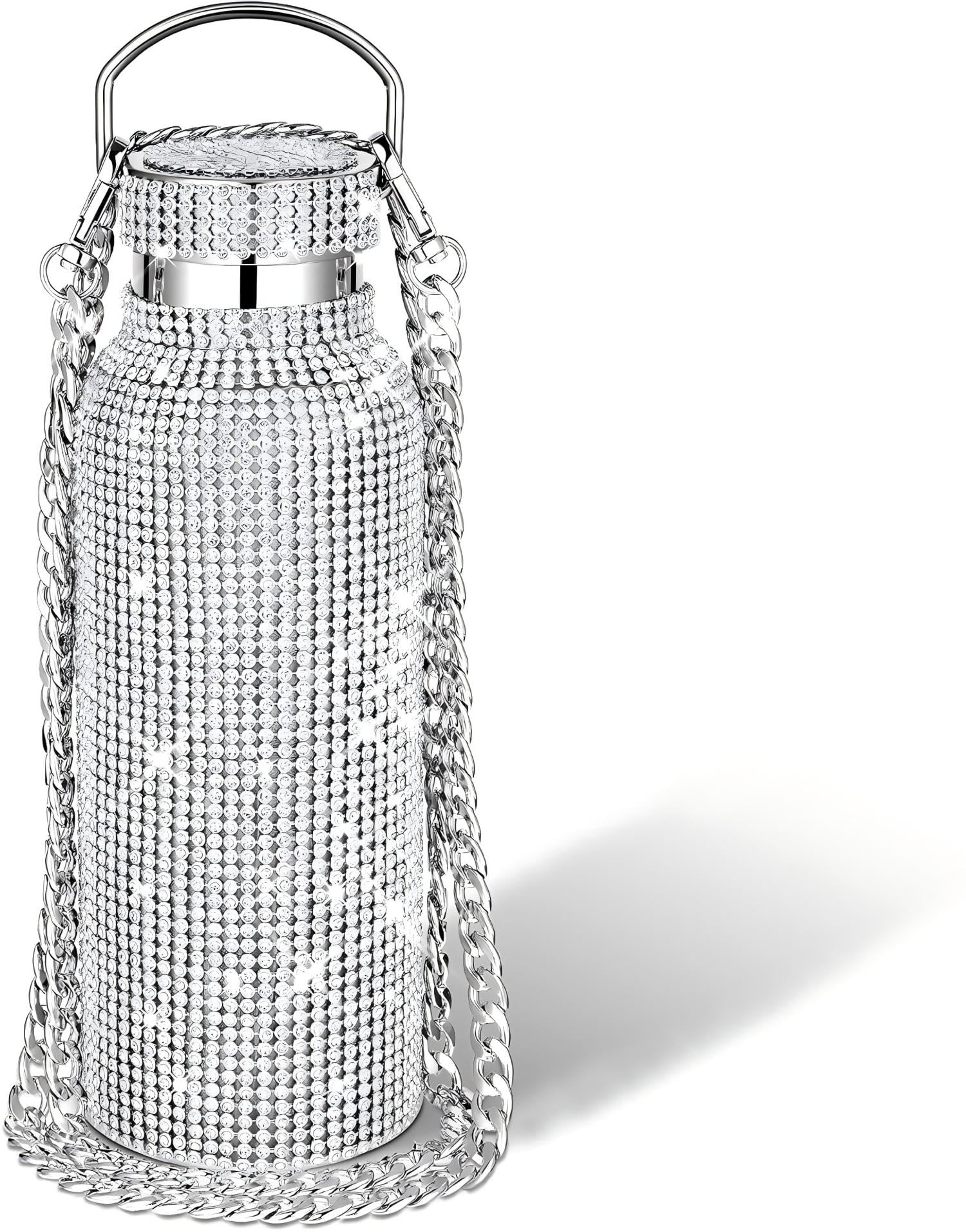 Diamond Thermal Water Bottle Bling Rhinestone Stainless Steel Refillable Insulated Glitter Bottle with Chain for Women Girls Gifts (Silver, 500 ml)