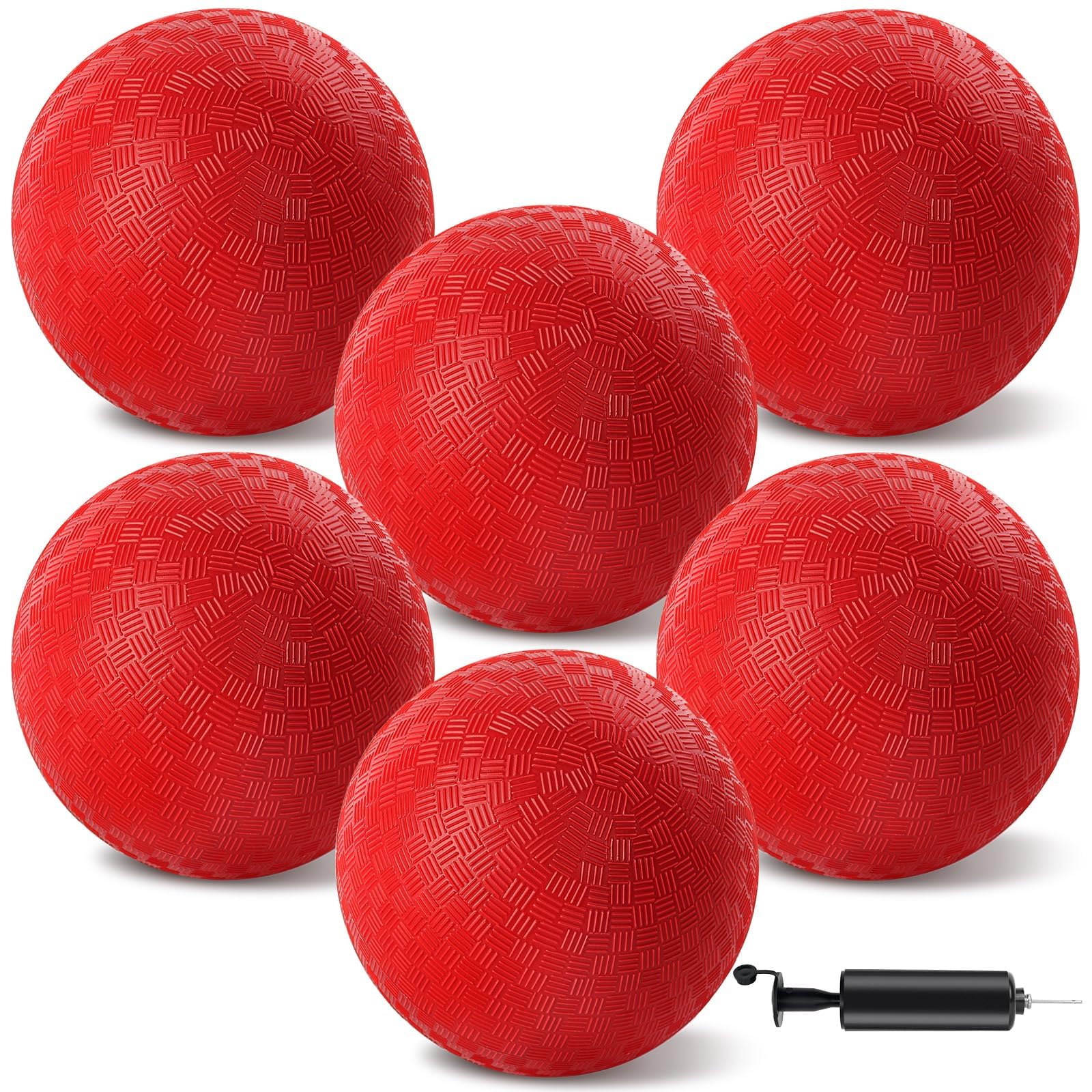 HSLCGF 6 Pcs Dodgeballs 8.5 Inch Playground Ball Red Kickball Inflatable Rubber Handball Bouncy Dodge Ball with 1 Hand Pump for Outdoors Ball Games Gym Camps Picnic (Needle is at The Top of The Pump)