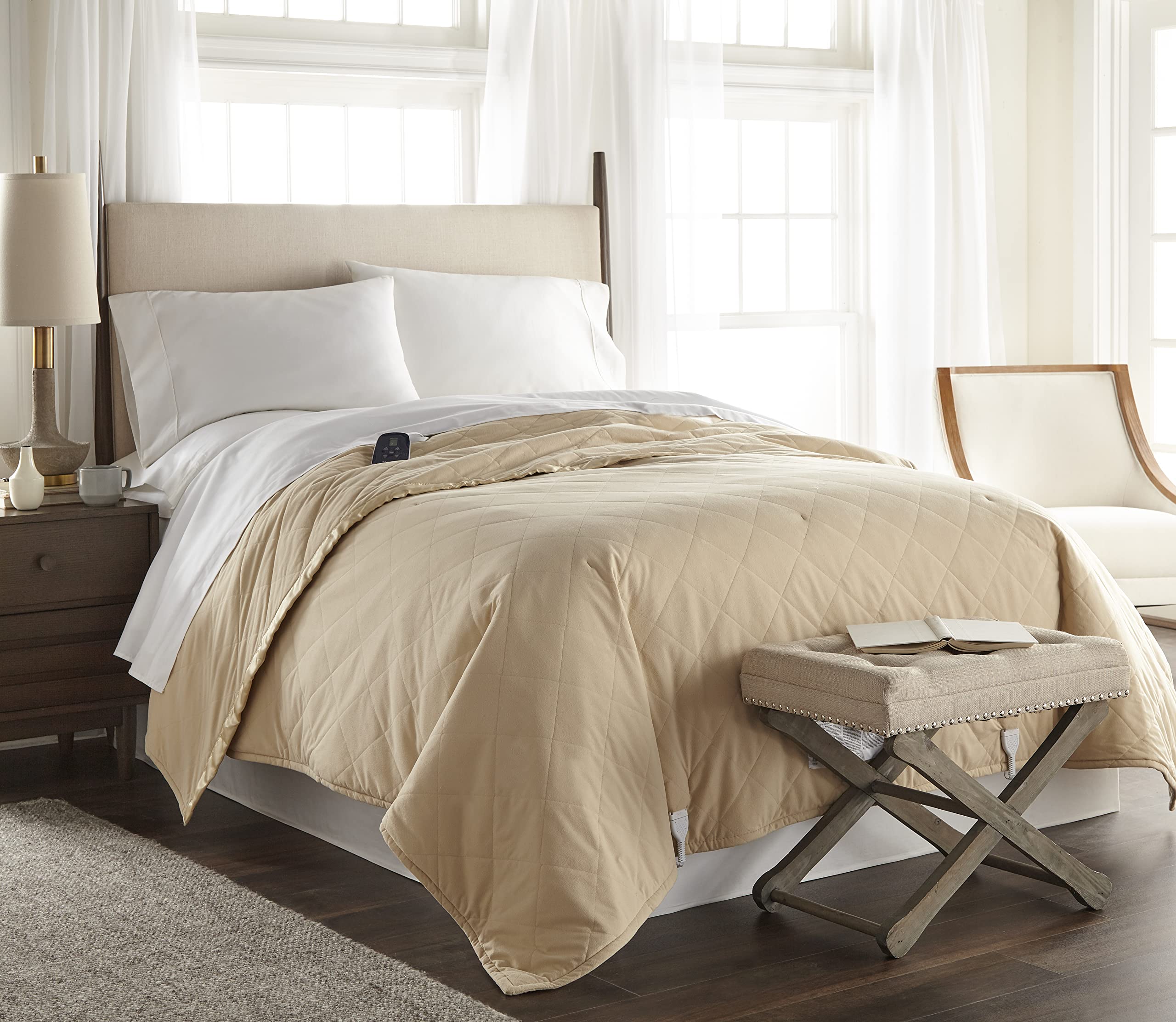 Thermee Micro Flannel Twin-Size Electric Heated Blanket, 10 Heat Settings with Timer & Safety Shutoff, Fast Heating Warm Blanket, Machine Wash & Dry, 85Lx66W, Tan