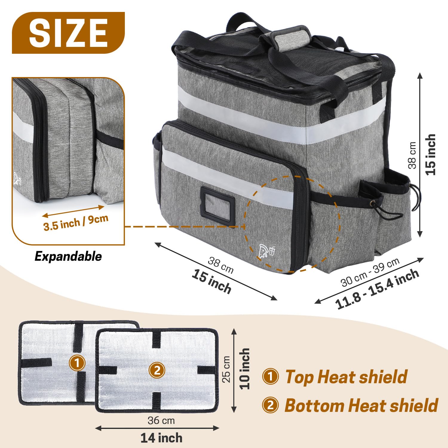 Lebensmittel-Lieferrucksack, 37 l, isolierte Pizza-Tragetasche mit reflektierenden Streifen, erweiterbare Funktionalität, Lebensmittel-Liefertasche für kalte und heiße Speisen, Pizza