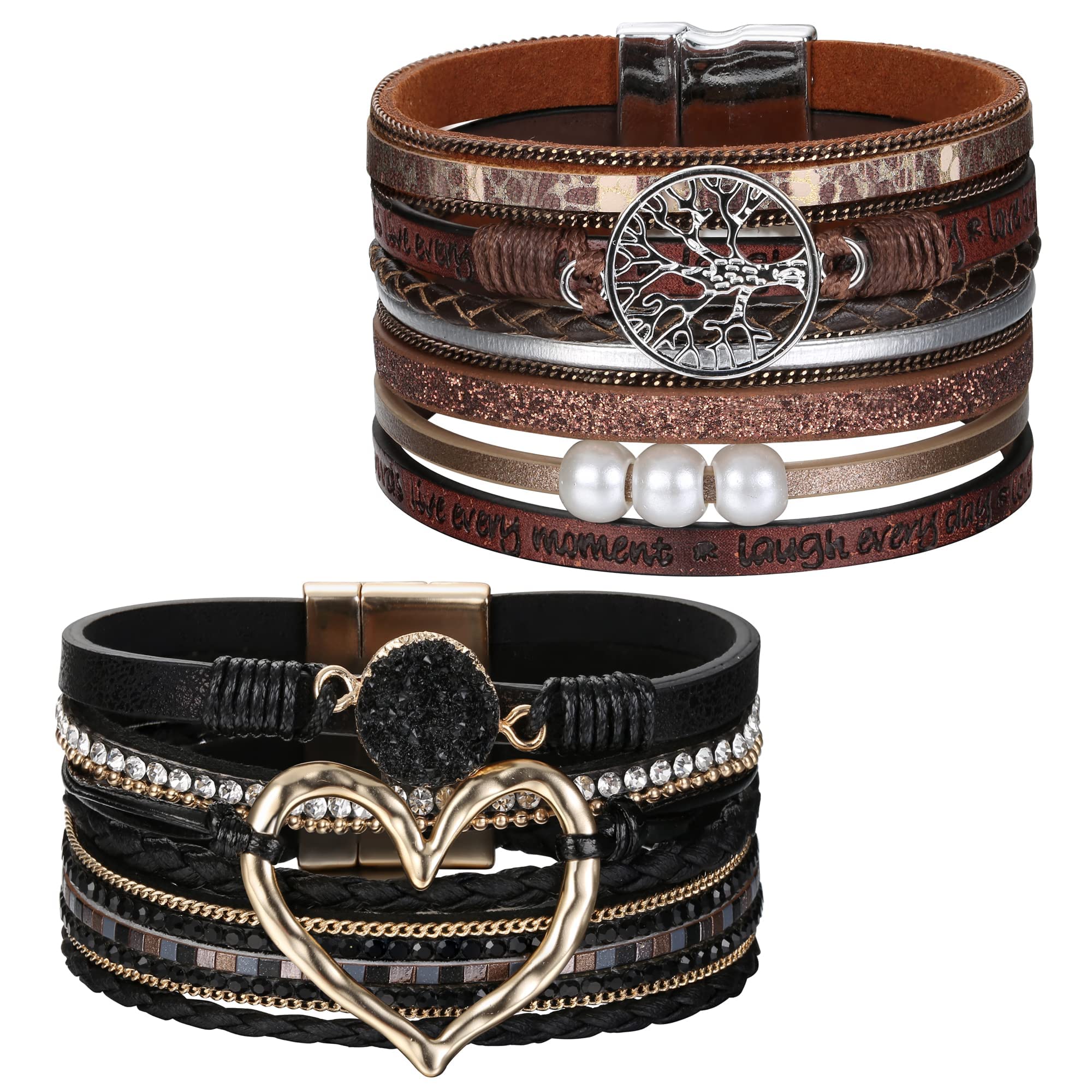 Diamday Juego De 2 Pulseras Piel Multicapa Para Mujeres y Niñas Pulsera Bohemia Con Forma Corazón Brazaletes de Piedra Rhinestone Regalo de Joyería Con Cierre Magnético