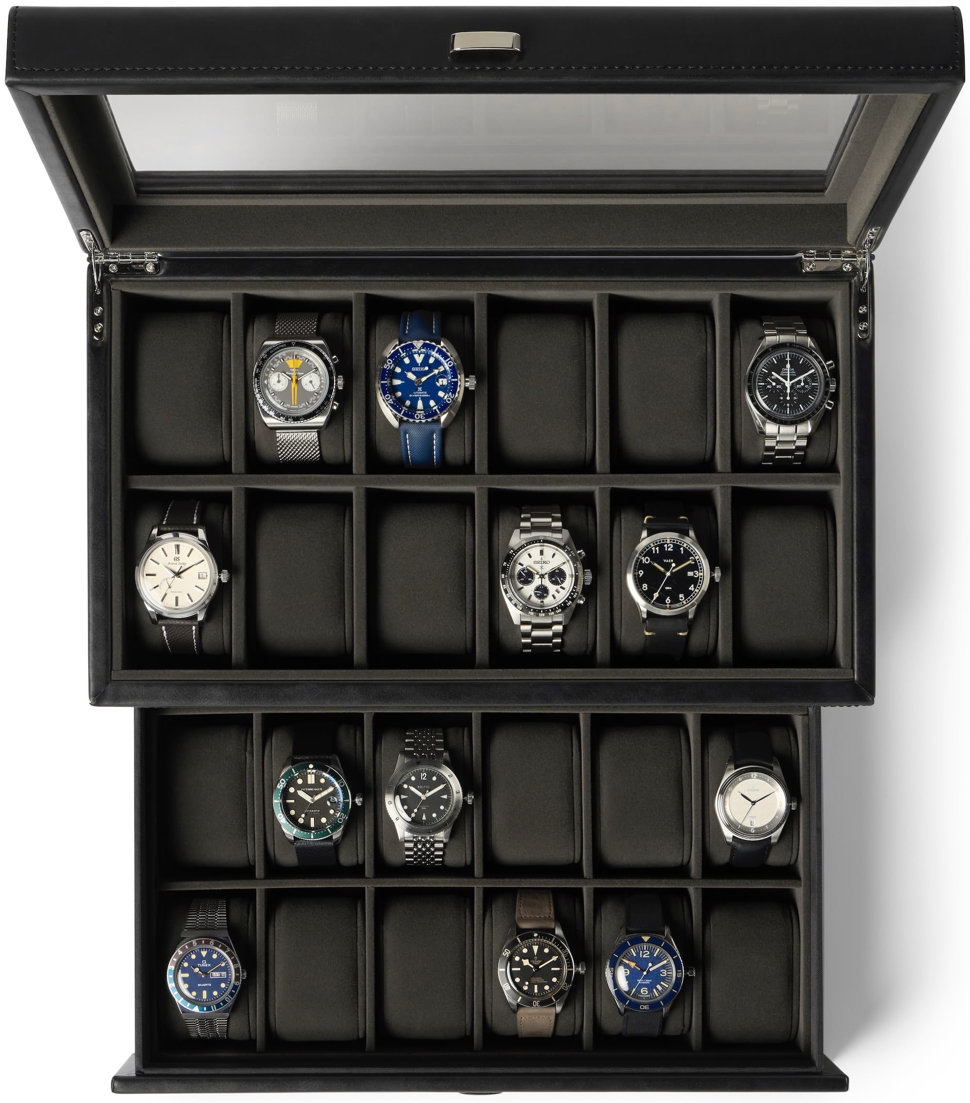 TAWBURY Caja de reloj para hombre – Caja de reloj extragrande con 24 ranuras y pantalla de cristal auténtico, cajón extraíble y cojín de 5 cm de ancho para relojes grandes (negro/antracita)
