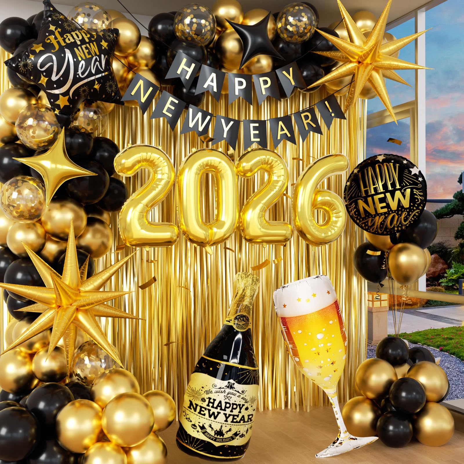 Happy New Year Decorations 2026 with Black Gold Confetti Balloons 2026 Number Balloons New Year Banner Gold Fringe Curtain Backdrop for New Years Eve