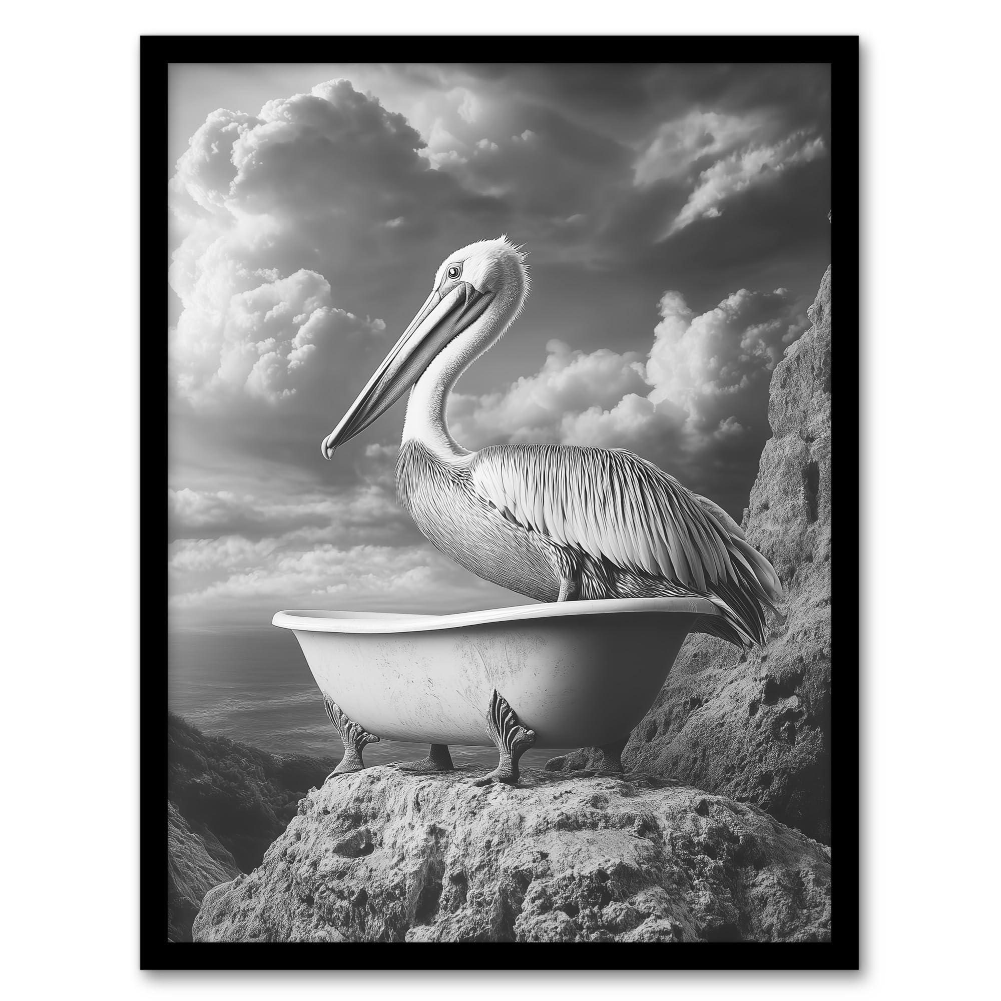 Artery8 Pelican Bird in Bathtub Black White Cliff Surreal Bathroom Toilet Artwork Framed Wall Art Print A4