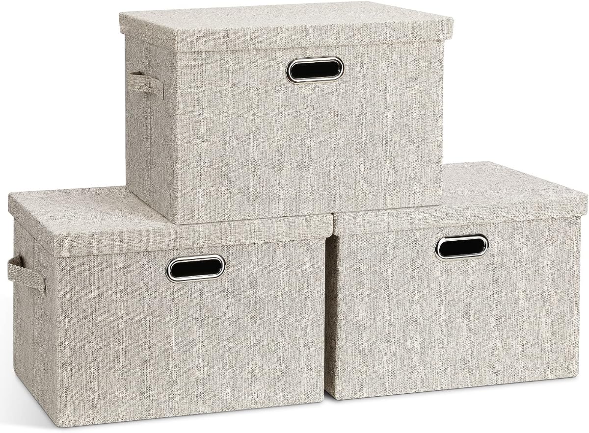 Graciadeco Large Quart Collapsible Stackable Storage Bins with Lids, 3 Packs Beige Linen Fabric Closet Boxes with Lids, Storage Cube Baskets Container Organizers for Bedroom Office(16.6 x 11.7 x 10.8) | 36 Quart 3 Pack Beige Collapsible Stackable Linen Fabric 4 Handles Bedroom Closet Cabinet Under Bed Clothes Toy Office File