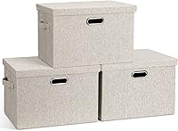 GraciadecoStorage 3-Pack Large Collapsible Stackable Storage Bins with Lids - Beige Linen Fabric Closet Organizers, 16.6x11.7x10.8" for Bedroom & Office
