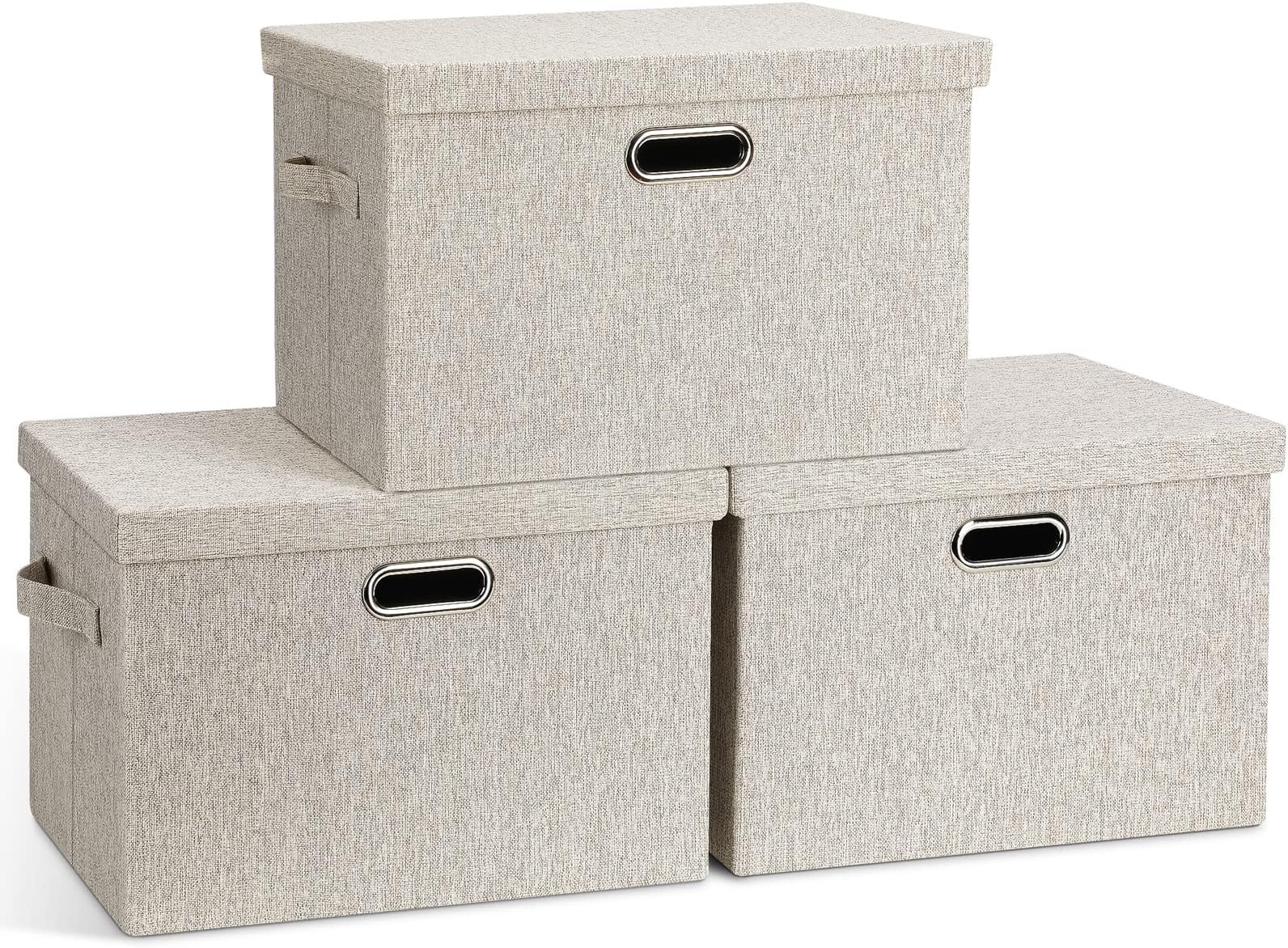 Graciadeco Large Quart Collapsible Stackable Storage Bins with Lids, 3 Packs Beige Linen Fabric Closet Boxes with Lids, Storage Cube Baskets Container Organizers for Bedroom Office(16.6 x 11.7 x 10.8)