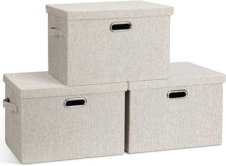 Large Quart Collapsible Stackable Storage Bins with Lids, 3 Packs Beige Linen Fabric Closet Boxes with Lids, Storage Cube Baskets Container Organizers for Bedroom Office(16.6 x 11.7 x 10.8)