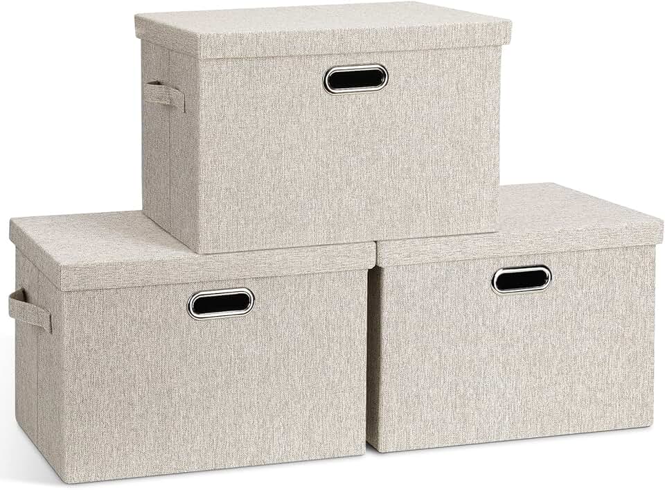 Large Quart Collapsible Stackable Storage Bins with Lids, 3 Packs Beige Linen Fabric Closet Boxes with Lids, Storage Cube Baskets 