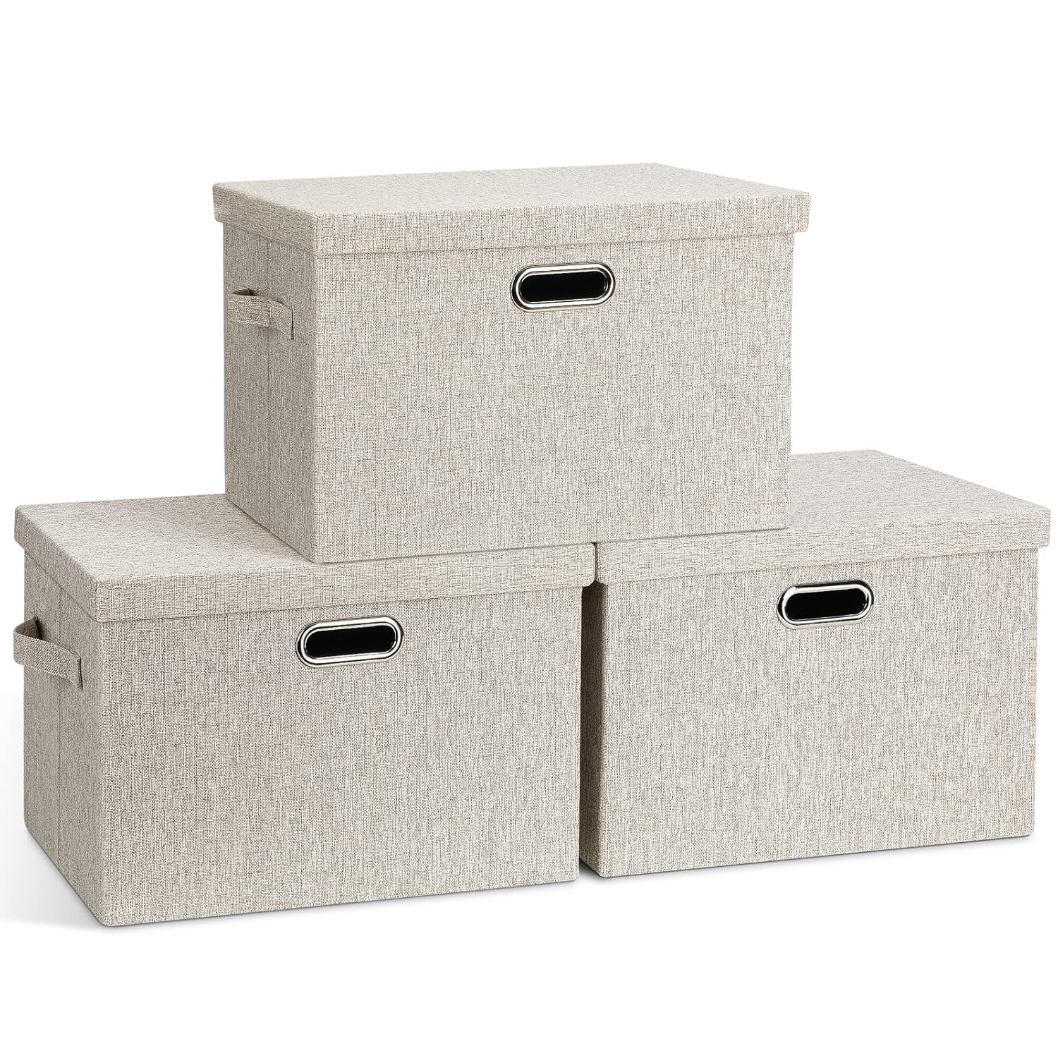 Large Quart Collapsible Stackable Storage Bins with Lids 3 Packs Beige Linen Fabric Closet Boxes with Lids Storage