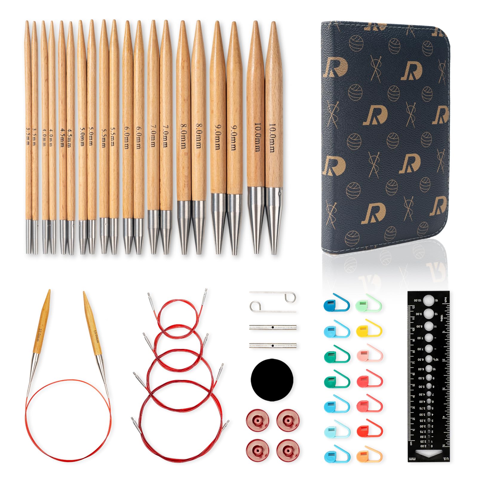 RUIDI Rundstricknadeln Set, Rundstricknadeln Set Austauschbar mit Tasche & Zubehör, 10 Paare Rundstricknadel-Set (12cm) in Größen von 3,5 mm bis 10 mm (Buchenholz)