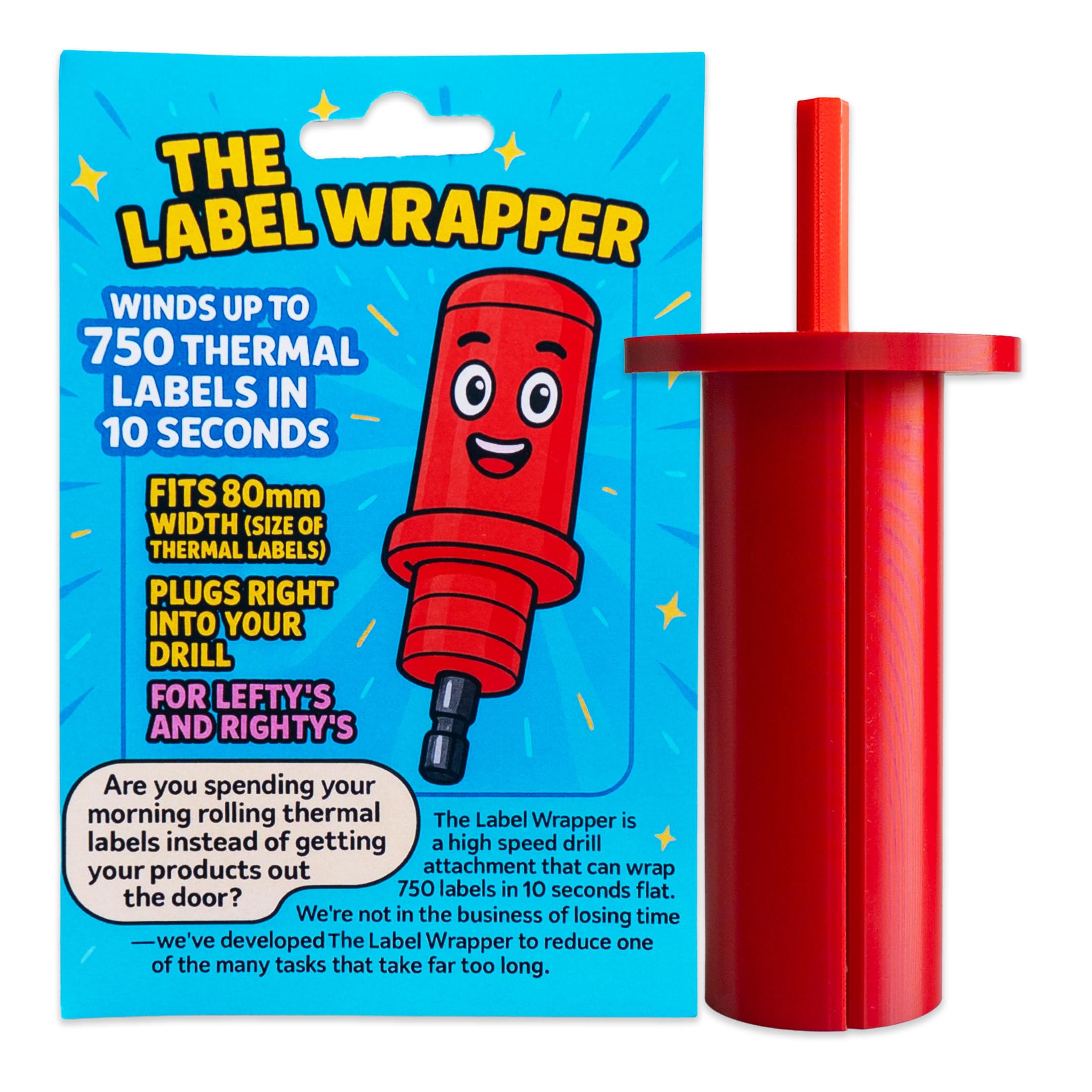 The Label Wrapper, High Speed Thermal Label Rewinder, 80mm Width Compatible, Drill Attachment for 750 Labels in Seconds