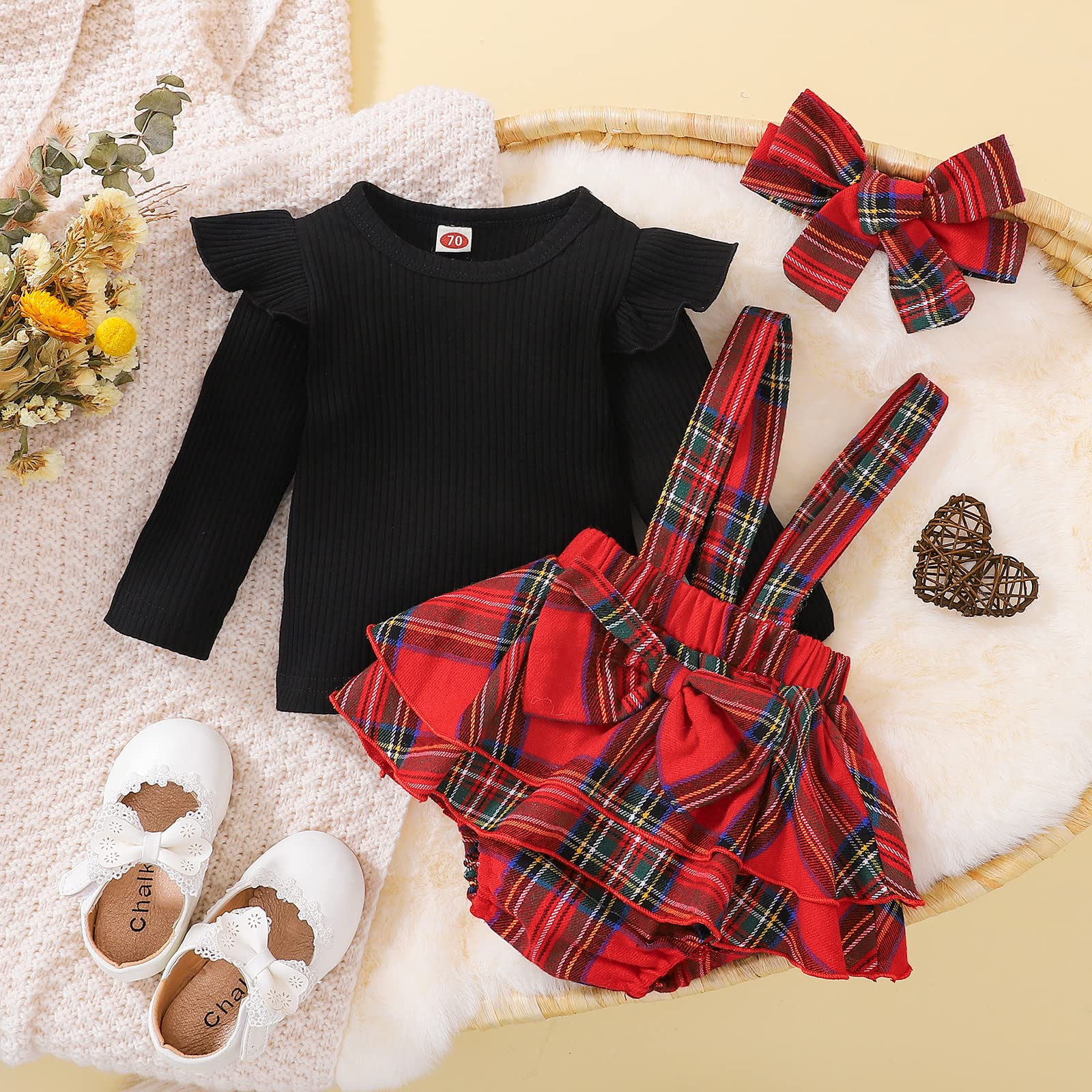 Hnyenmcko Newborn Baby Girl Christmas Clothes Infant Red Plaid Romper Dress Ruffle Long Sleeve Ribbed Bodysuit Headband Set (B-Black Ribbed Tops + Shorts, 0-3 Months)