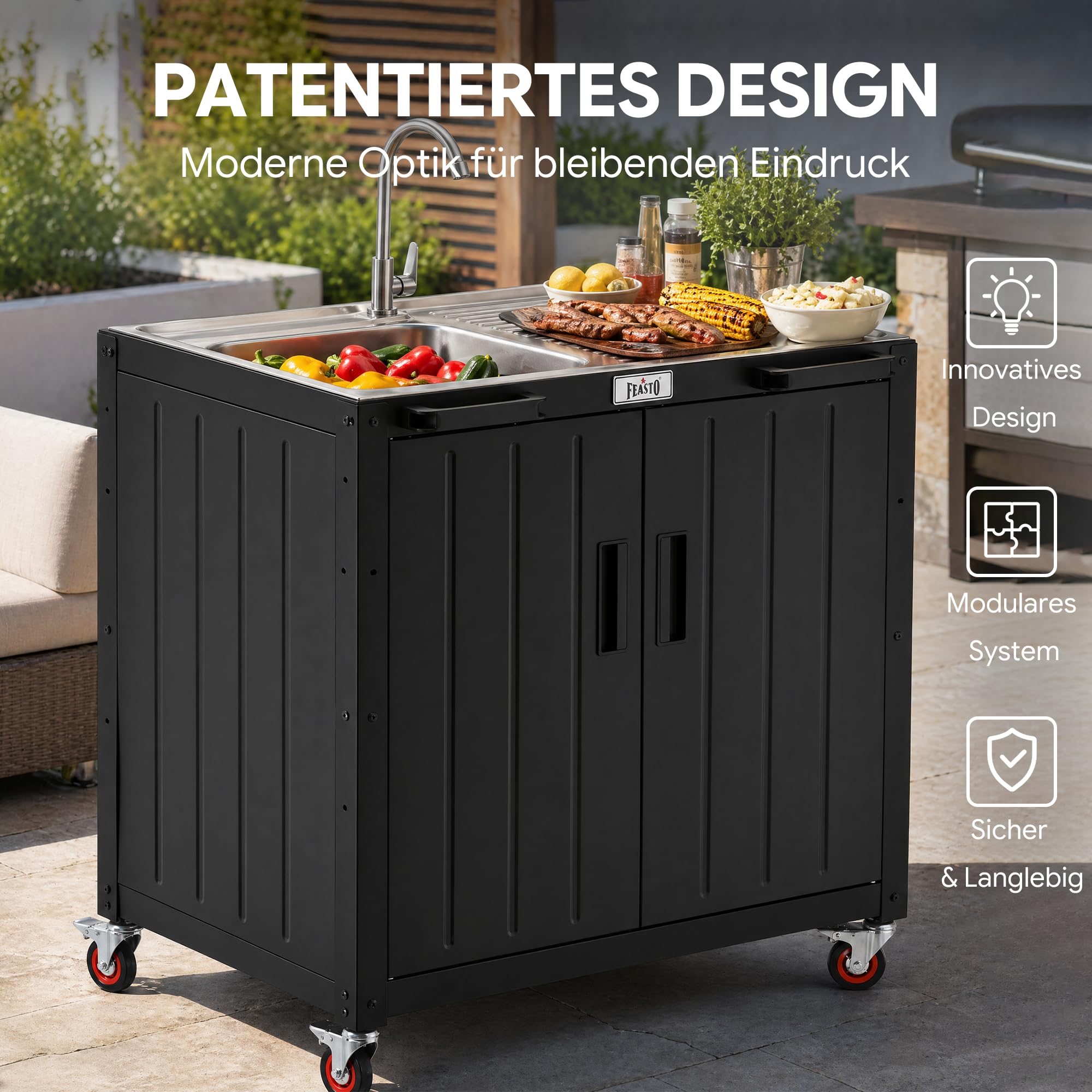 Outdoor Küche Spüle mit unterschrank Ausgussbecken Spülbecken | 89,5x65x120 cm Outdoor Grillwagen mit freistehendem Spülbecken, Schrank, Edelstahlplatte, für Außenküche, Gastro, Garage