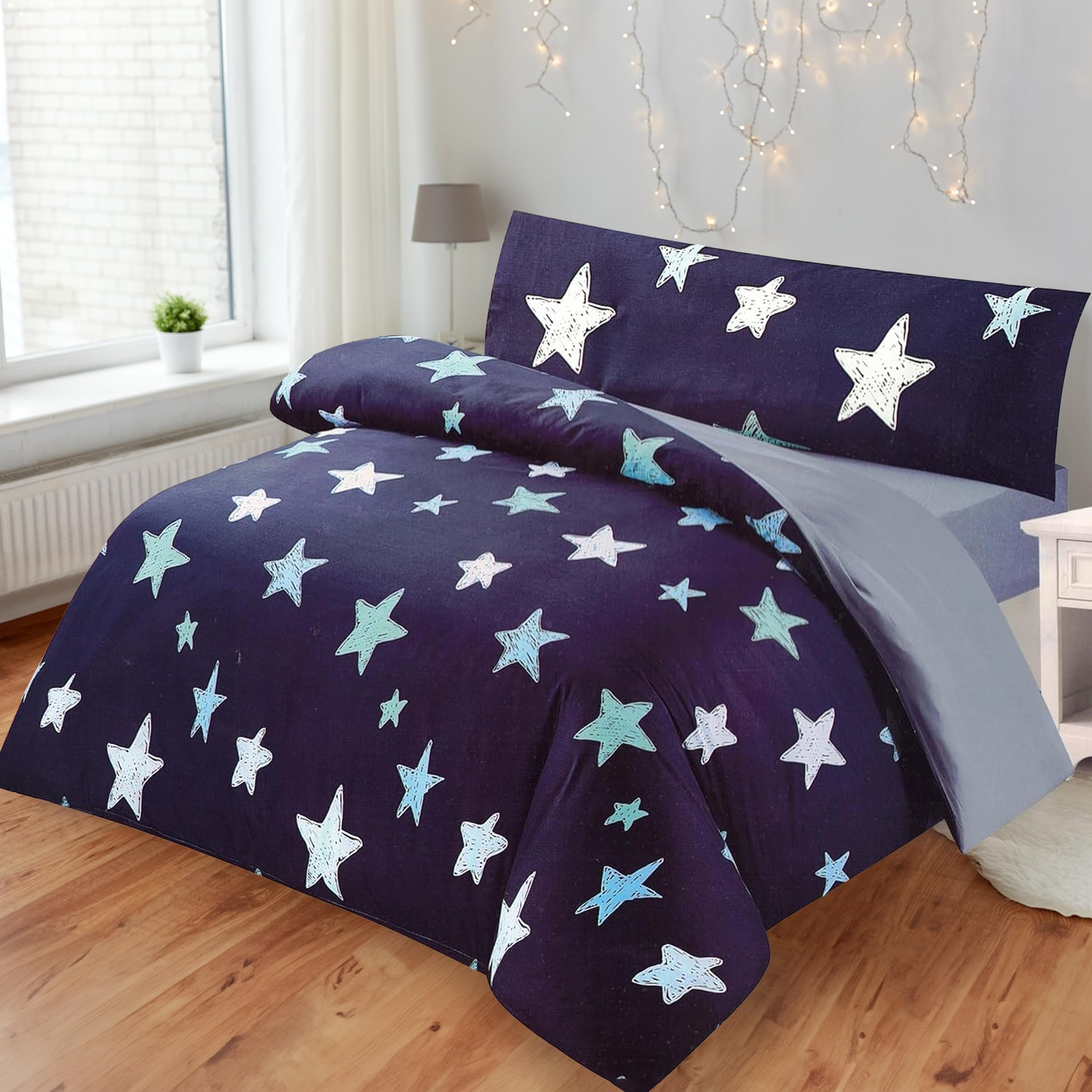 BESCH Duvet Cover for 90 cm Bed, Ultra Soft, Comfortable and Breathable 3 Pieces, Duvet Cover 150 x 220 cm, Fitted Sheet 90 x 200 + 25 cm and 1 Pillowcase 45 x 110 cm (Blue Star)