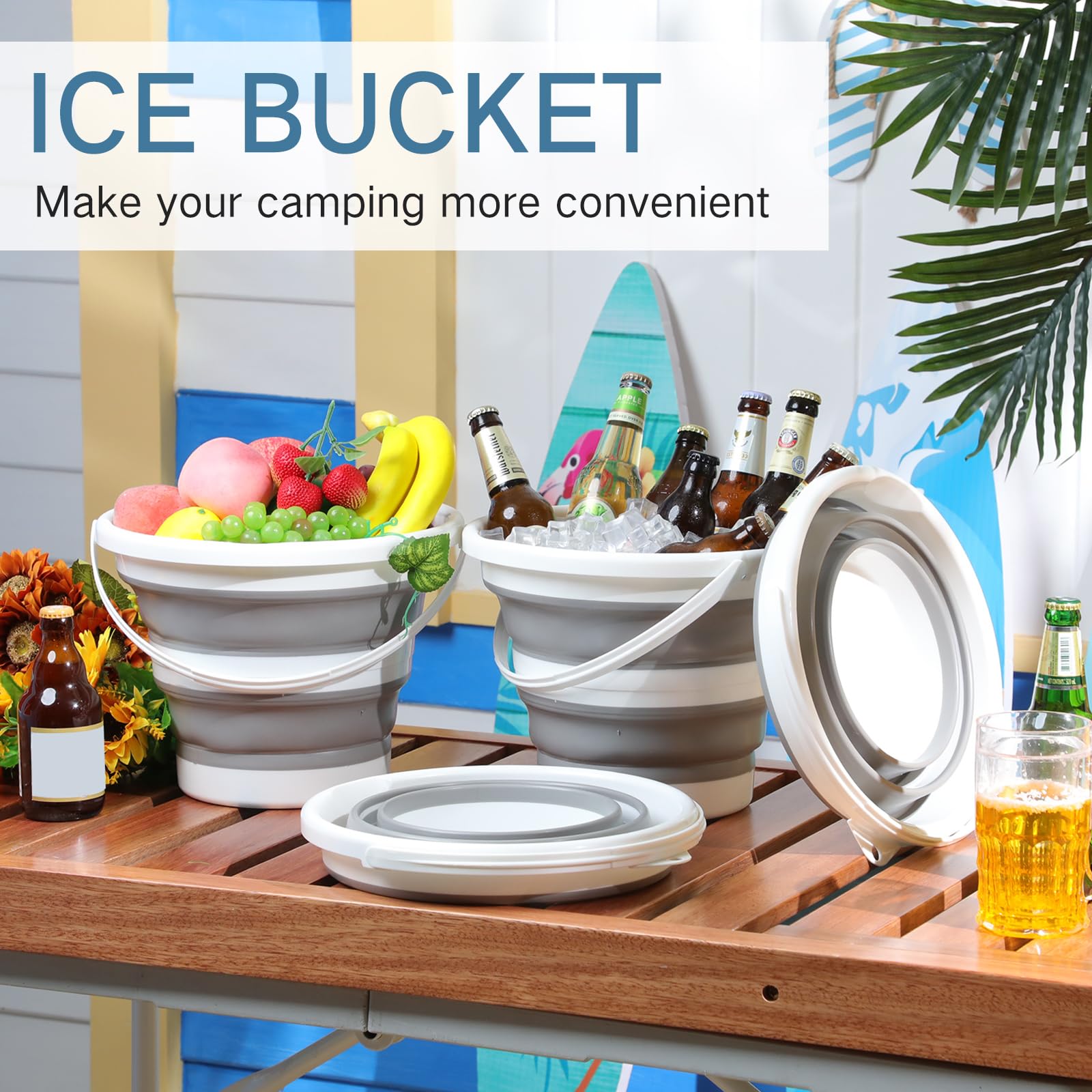 Pickmesh 4 cubos plegables de 2.6 galones (10 l), cubo de limpieza portátil de gran capacidad para el hogar, para pesca al aire libre, lavado de autos (gris)