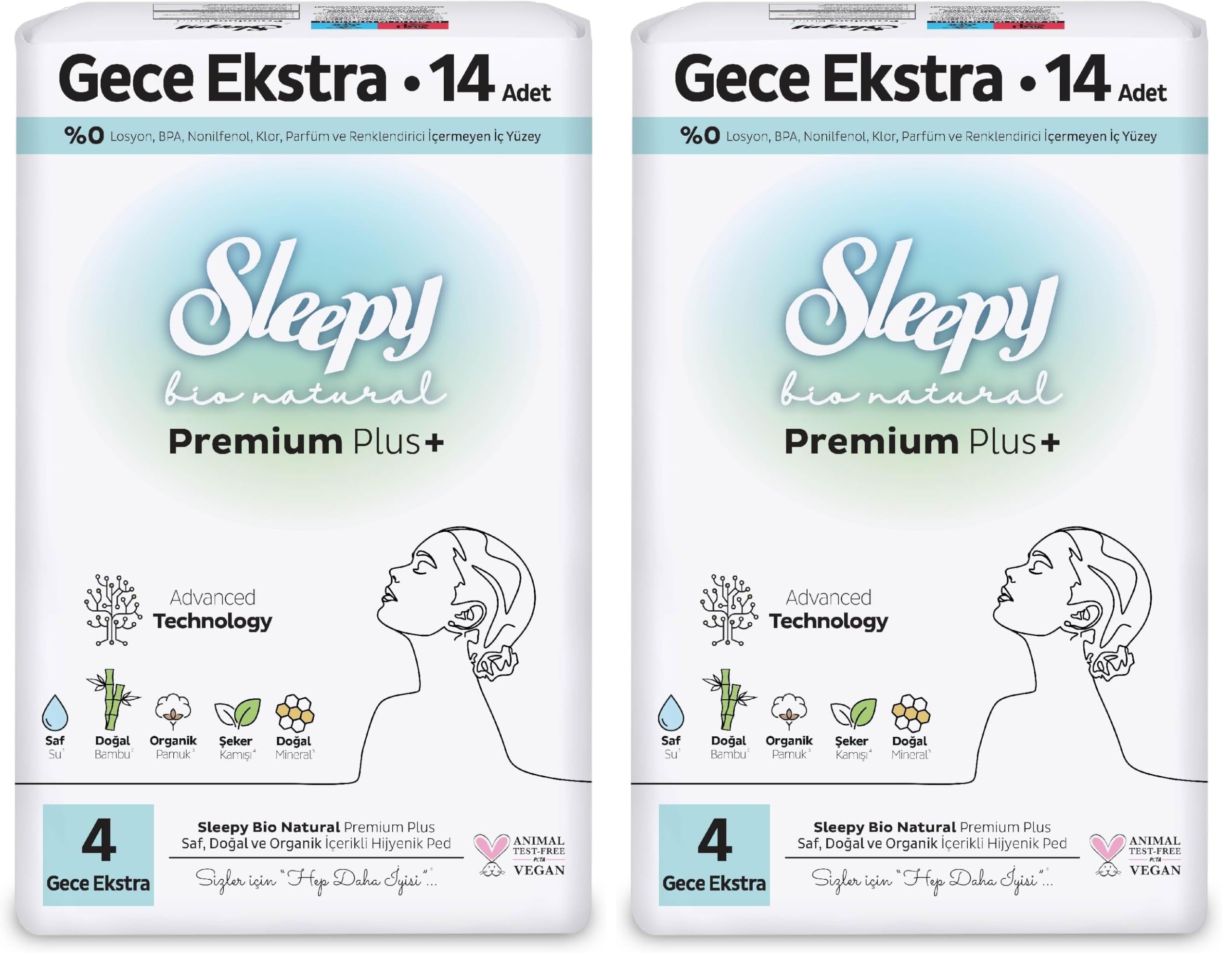 Sleepy Bio Natural Premium Plus Hijyenik Ped Gece Ekstra 14 Adet (2 paketi)