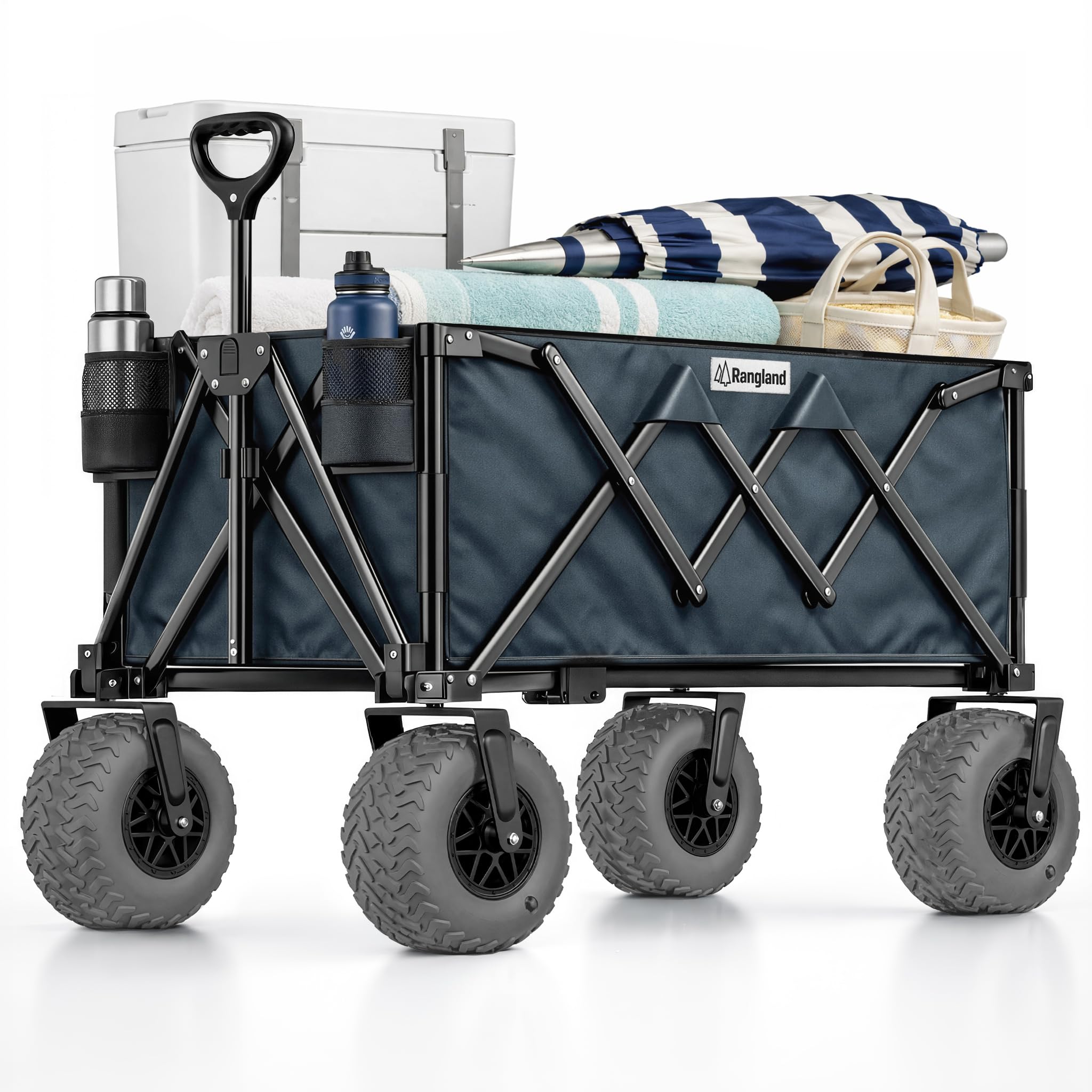 Beach Wagon with Heavy-Duty 10" Air Tires - All Terrain Folding Cart with Big Wheels for Sand and Gravel - 300 LB. Capacity (Blue)