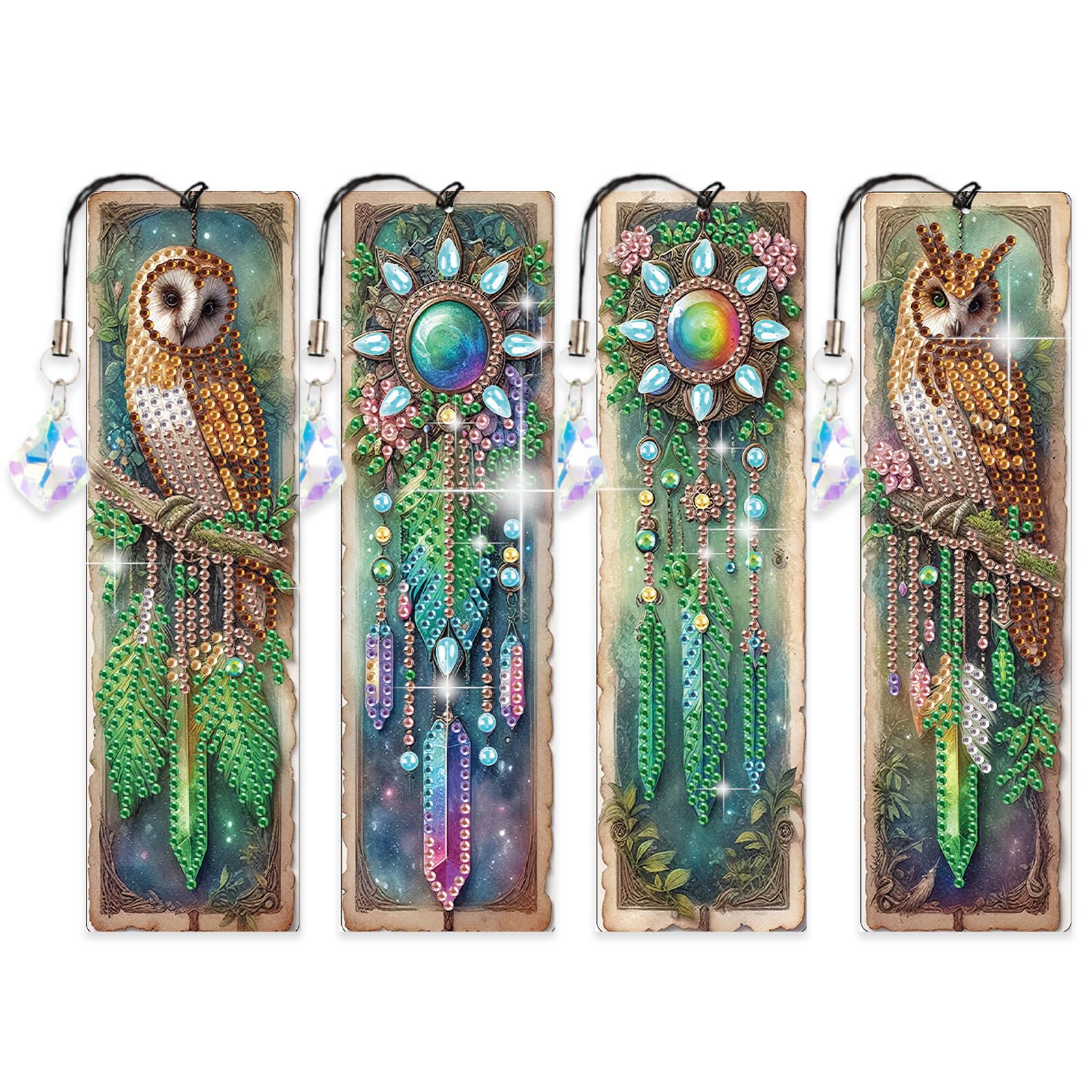 4 PCS Diamond Art Painting Bookmarks, 5D DIY Diamond Bookmark Art Projects with Crystal Pendants Bookmark Special Shape for DIY Making Beginners Adult Arts Craft Supplies for Adults Kids