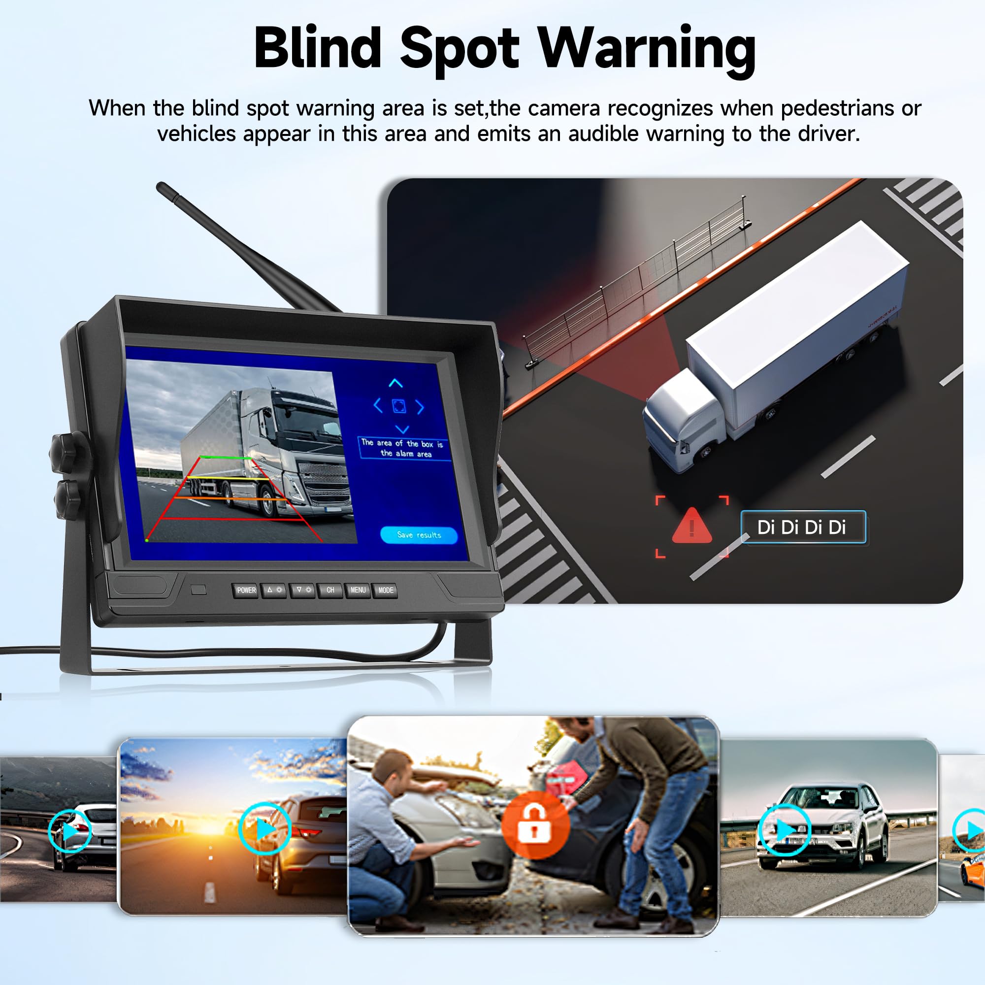 Bezprzewodowa cyfrowa kamera 1 kamera tylna z monitorem IPS 9 cali, wodoodporna kamera cofania IP68, BSD, noktowizor, flip, pętla wideo, do ciężarówek/przyczep kempingowych/kamperów/autobusów