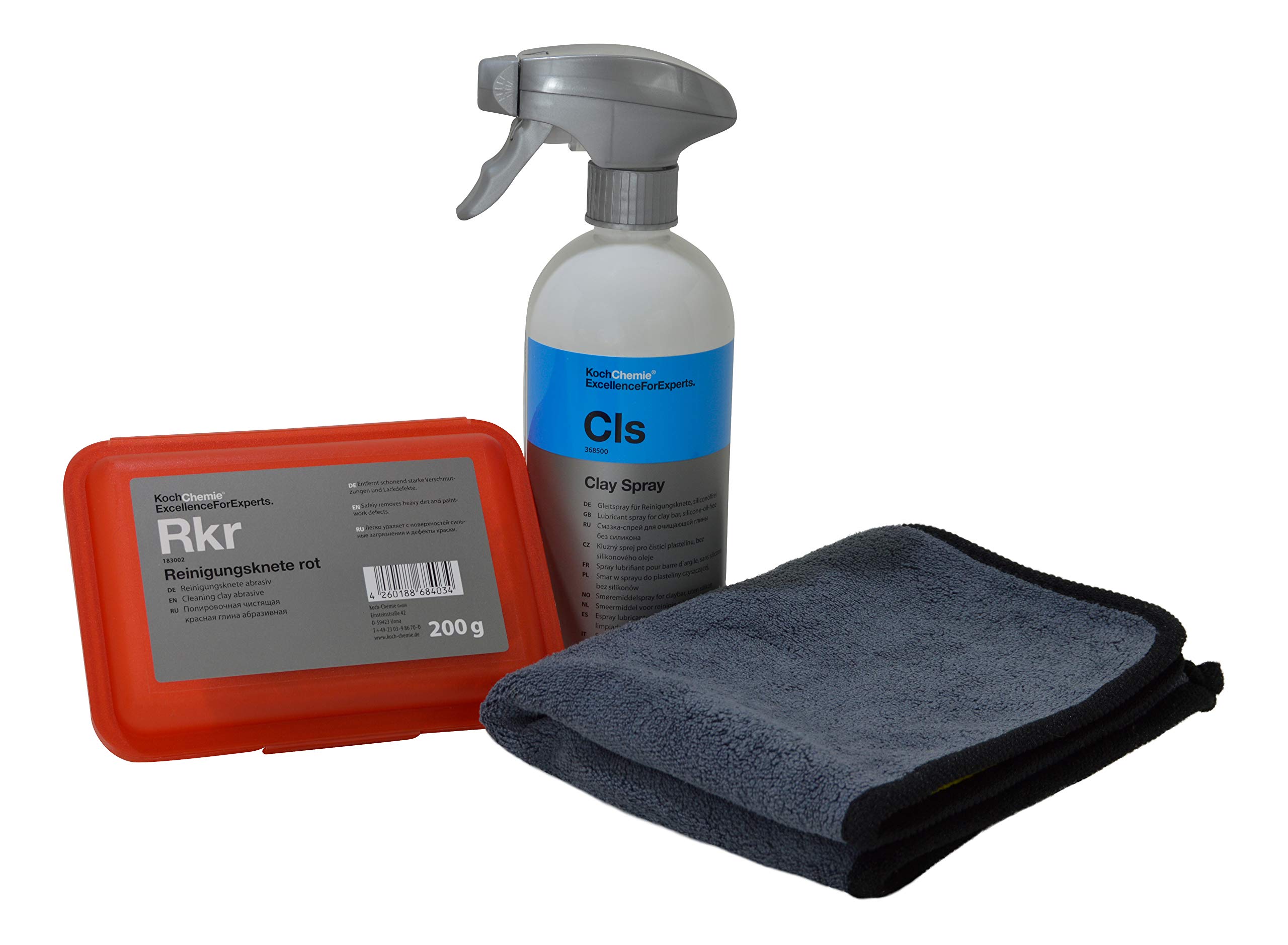 Lackreinigungs-Set - Koch Chemie Reinigungsknete rot (abrasiv) 200g + Clay Spray CLS 500ml + ADVANTUSE Mikrofasertuch